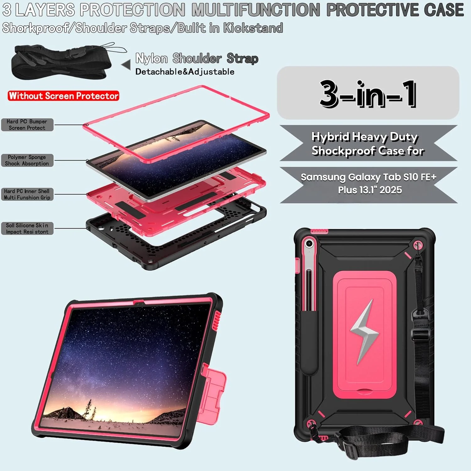 کاور تبلت Gruattreay سازگار با سامسونگ گلکسی تب S10 FE+/Plus 13.1 اینچ، کاور محافظ سیلیکونی ضد ضربه 3 در 1 با پایه قابل تنظیم، بند شانه و جای قلم (آبی)