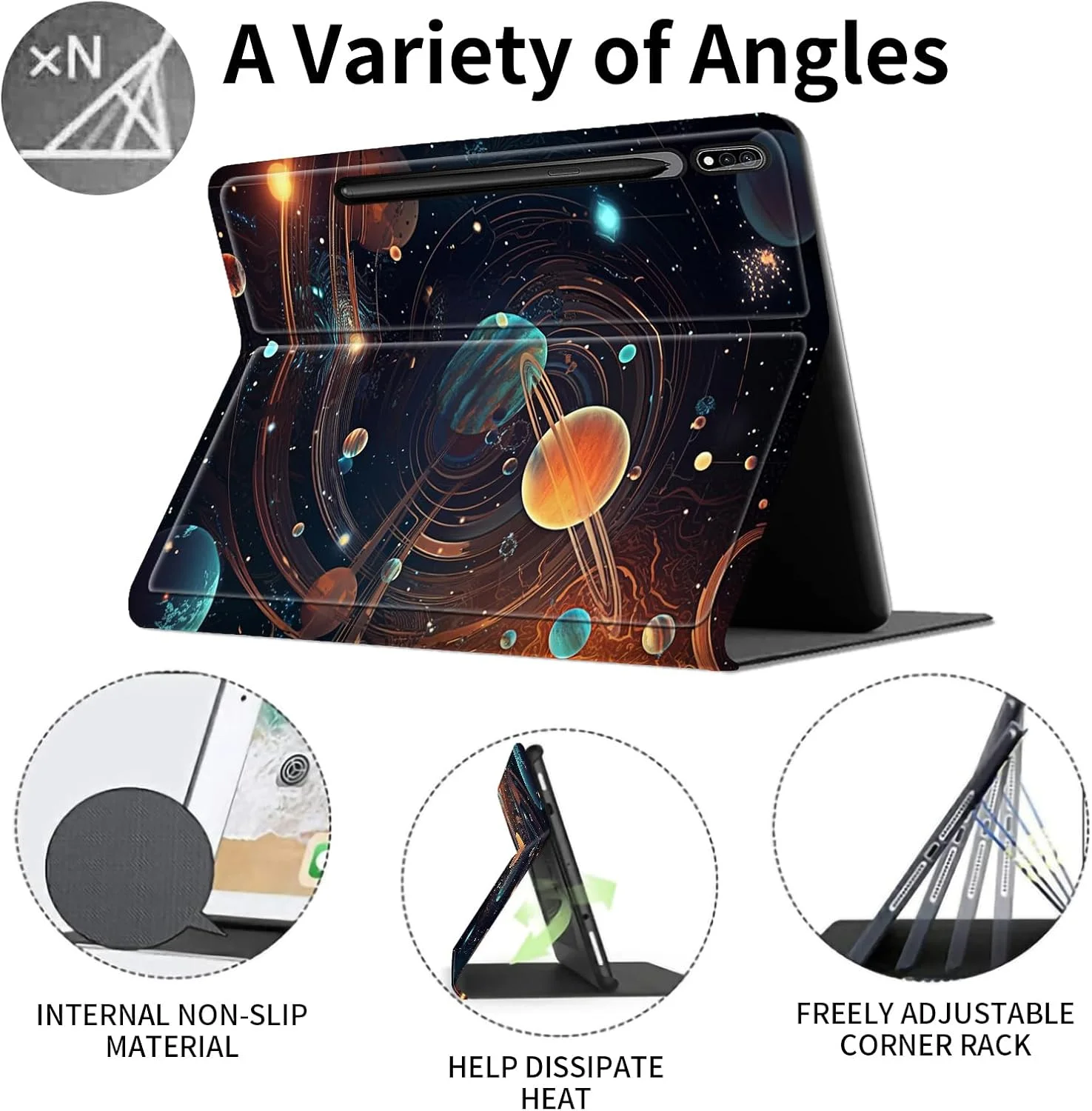 کیف تبلت سامسونگ گلکسی تب S10 Ultra (عرضه 2024) سایز 14.6 اینچ، کاور چرمی PU باریک هوشمند با نگهدارنده قلم S Pen + قابلیت بیدار شدن/خواب خودکار برای گلکسی تب S9 Ultra/S8 Ultra - طرح سیاره فضایی
