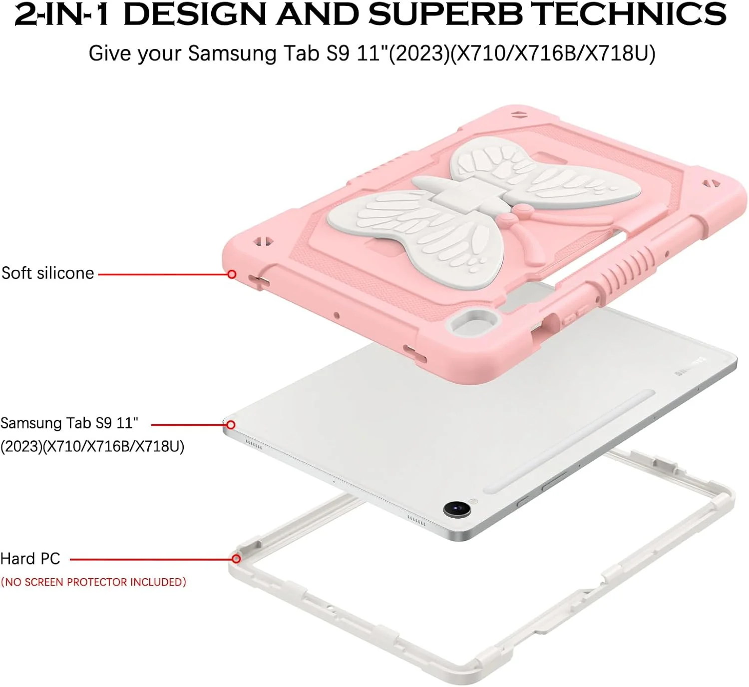 قاب تبلت YINLAI برای سامسونگ گلکسی تب S9 FE با صفحه نمایش 10.9 اینچ / سامسونگ تب S9 با صفحه نمایش 11 اینچ، دارای استند پروانه ای، جای قلم، ضد ضربه، مناسب دختران و کودکان، رنگ صورتی