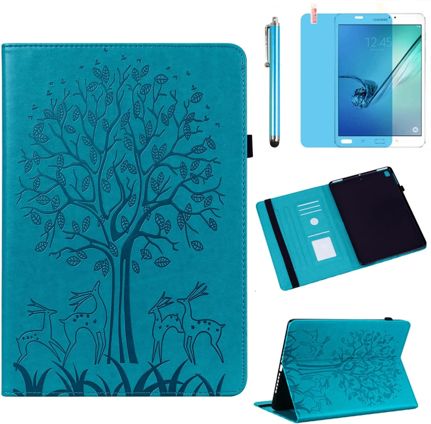 کاور آر.شنگته برای تبلت سامسونگ گلکسی تب A 9.7 اینچ 2015 (SM-T550 T555 SM-P550 P555)، جلد پشتی سیلیکونی نرم چرمی PU، دارای جای کارت و استند، به همراه قلم استایلوس و محافظ صفحه نمایش (آبی طرح درخت)