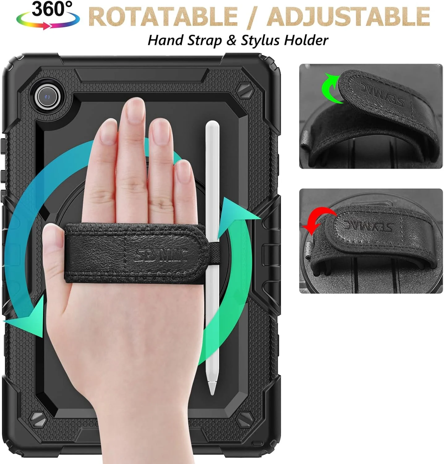 کیف محافظ تبلت سامسونگ گلکسی تب A9+ پلاس 11 اینچ 2023 به همراه محافظ صفحه نمایش [پایه چرخان 360 درجه] بند دستی و شانه ای، مناسب برای گلکسی تب A9 پلاس/ A9+ 11 اینچ SM-X210/X216/X218، مشکی