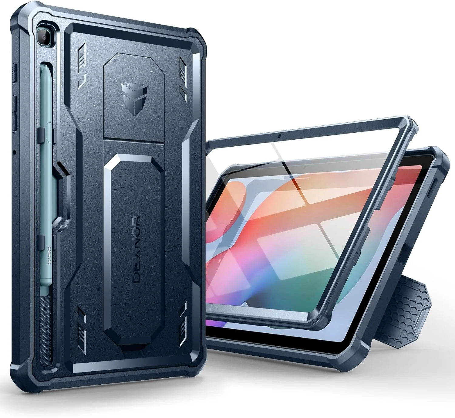 کاور Dexnor برای تبلت سامسونگ گلکسی تب S6 Lite 10.4 اینچ 2024/2022/2020، [دارای محافظ صفحه نمایش و پایه] با جای قلم، مقاوم در برابر ضربه، پوشش محافظتی کامل بدنه (آبی)