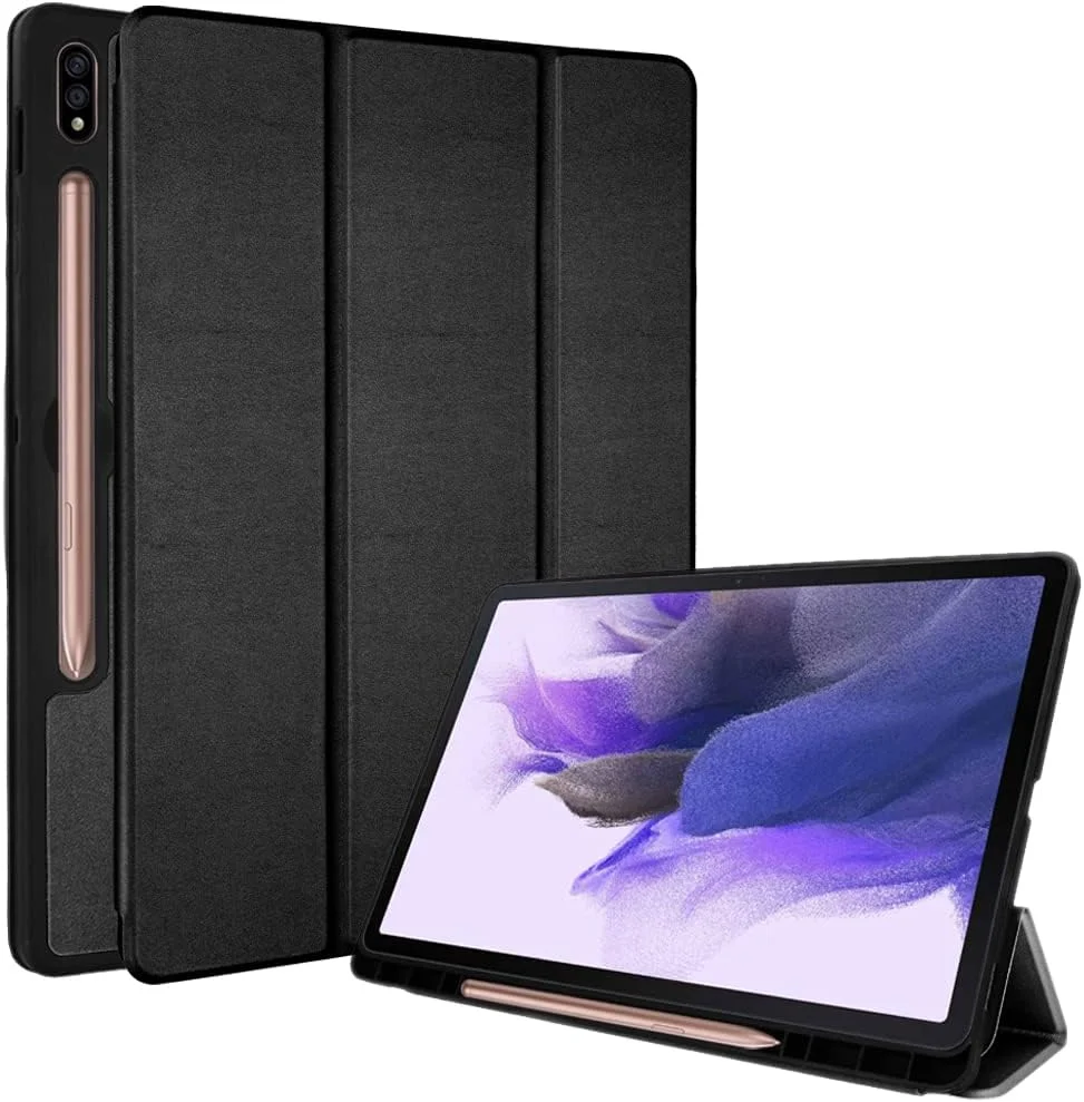 کیف هوشمند TECHGEAR برای تبلت سامسونگ گلکسی تب S7 FE 12.4 اینچ (SM-T730/T736) و تب S8 پلاس 12.4 اینچ (SM-X800/X806)، جلد محافظ باریک چرمی PU با قابلیت استند و محافظ TPU نرم - مشکی