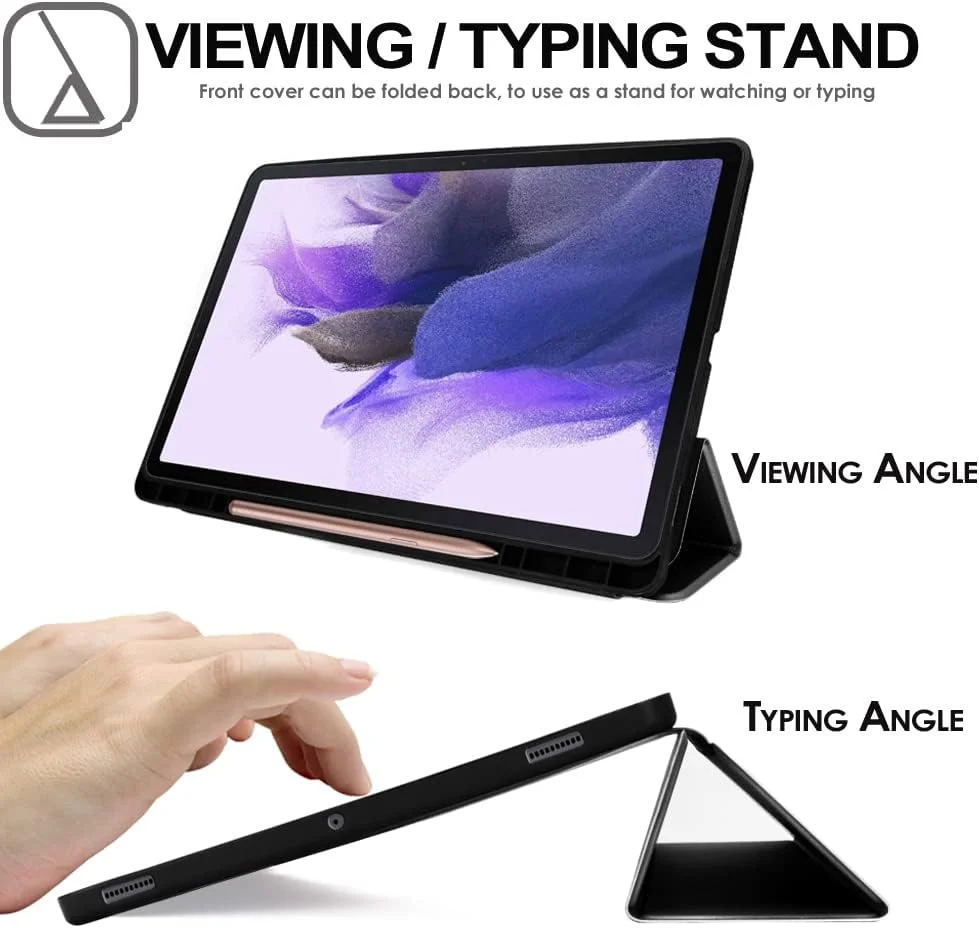 کیف هوشمند TECHGEAR برای تبلت سامسونگ گلکسی تب S7 FE 12.4 اینچ (SM-T730/T736) و تب S8 پلاس 12.4 اینچ (SM-X800/X806)، جلد محافظ باریک چرمی PU با قابلیت استند و محافظ TPU نرم - مشکی