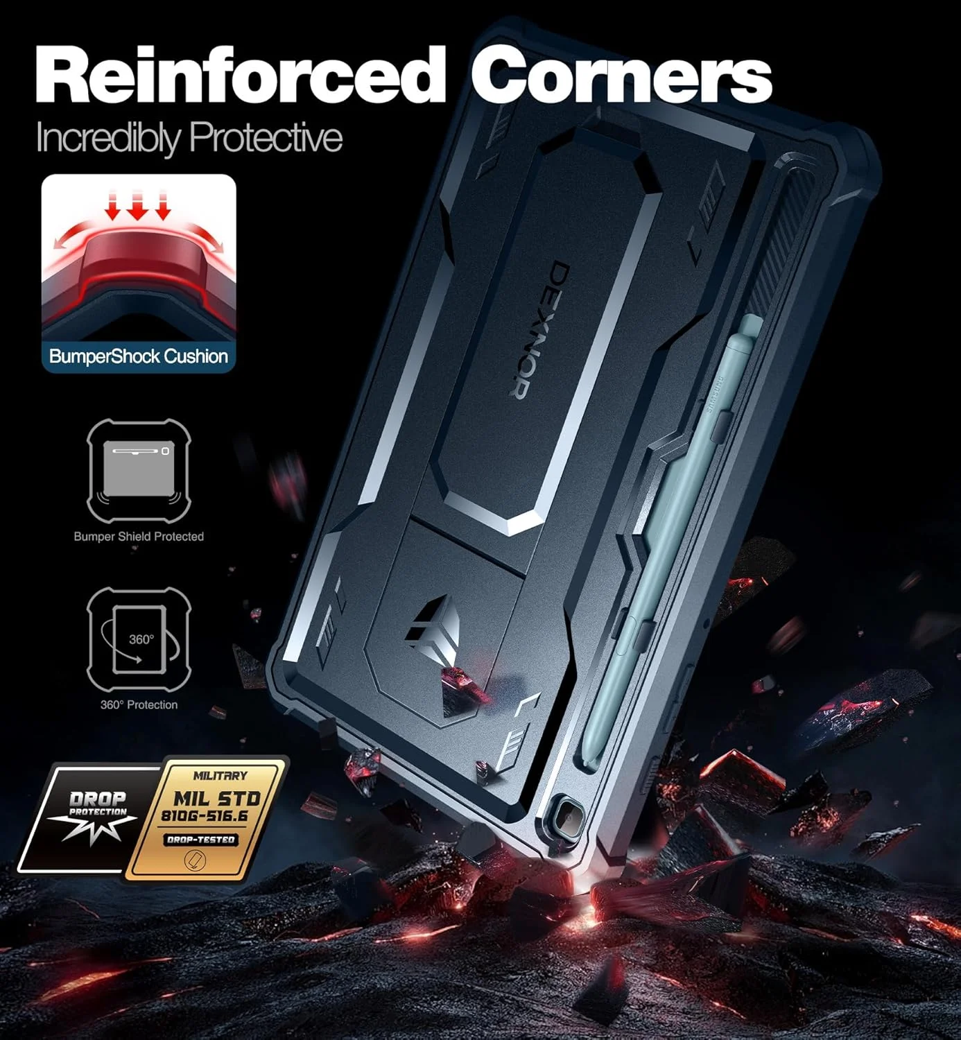 کاور Dexnor برای تبلت سامسونگ گلکسی تب S6 Lite 10.4 اینچ 2024/2022/2020، [دارای محافظ صفحه نمایش و پایه] با جای قلم، مقاوم در برابر ضربه، پوشش محافظتی کامل بدنه (آبی)