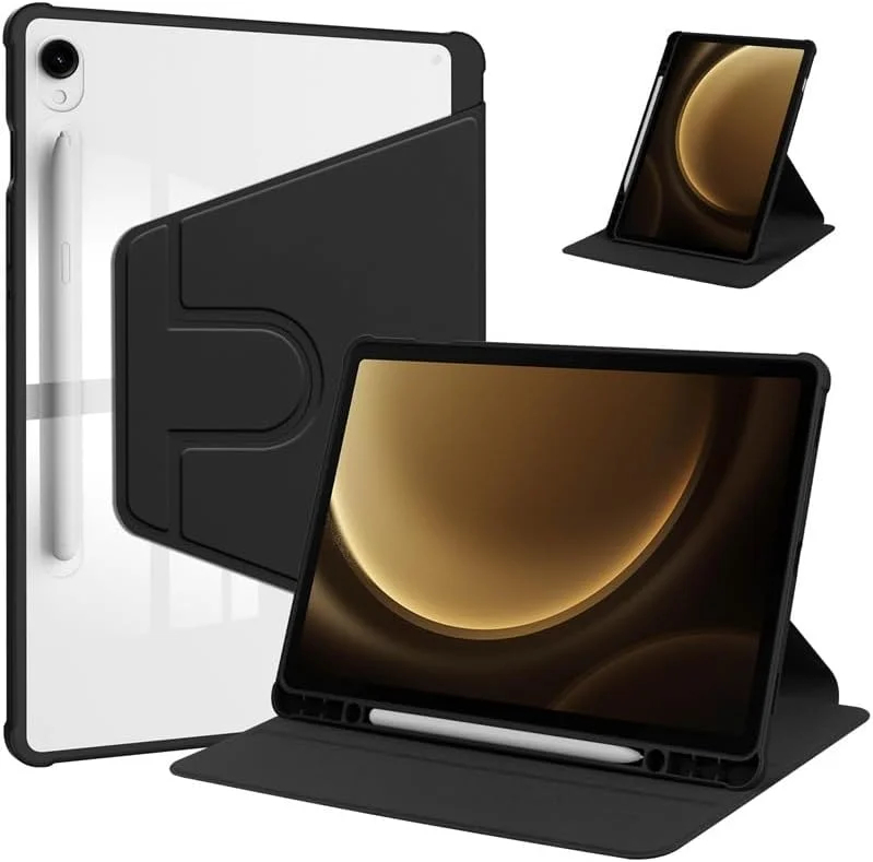کاور چرخشی برای تبلت سامسونگ گلکسی تب S7 FE/S8 Plus/S7 Plus سایز 12.4 اینچ، کاور محافظ استند چرخش 360 درجه تبلت هوشمند با بدنه سخت و باریک و پشت شفاف، به همراه جای قلم S و قابلیت بیدار/خواب خودکار (مشکی)