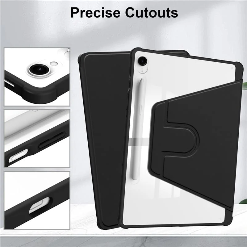 کاور چرخشی برای تبلت سامسونگ گلکسی تب S7 FE/S8 Plus/S7 Plus سایز 12.4 اینچ، کاور محافظ استند چرخش 360 درجه تبلت هوشمند با بدنه سخت و باریک و پشت شفاف، به همراه جای قلم S و قابلیت بیدار/خواب خودکار (مشکی)