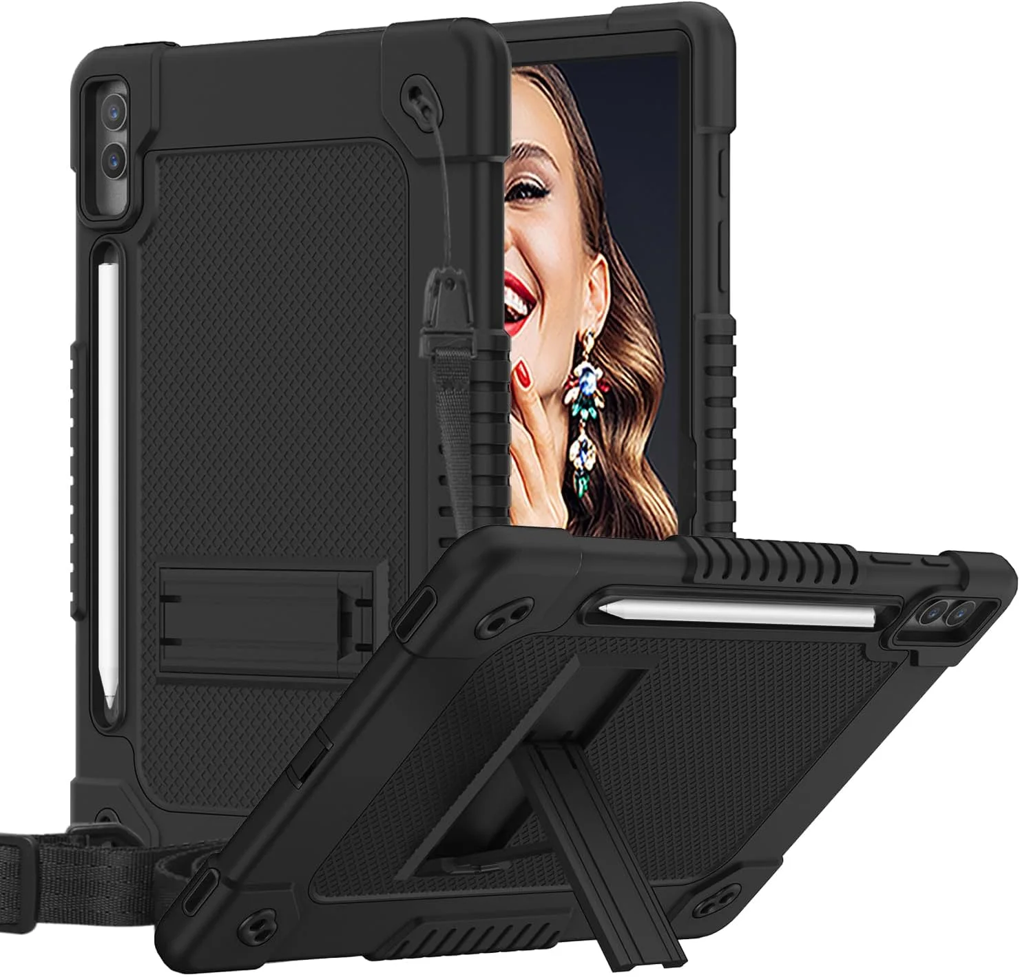 کاور محافظ کودکانه کیبیوری با پایه و بند شانه ای مناسب برای تبلت سامسونگ گلکسی تب S9 Fe+ / S9 Plus 12.4 اینچ 2023 به همراه جای قلم (مشکی)