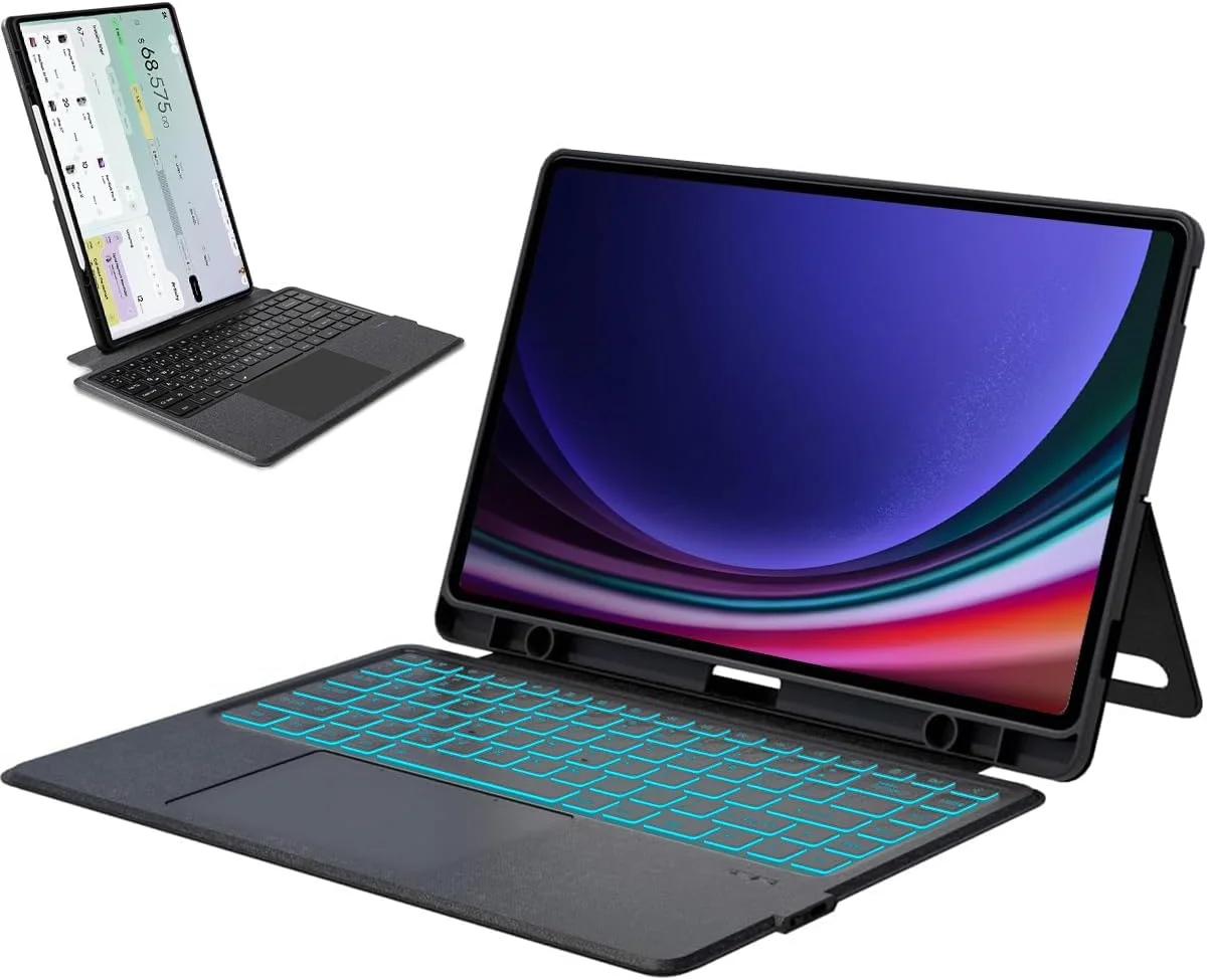 کیبورد مغناطیسی جداشدنی برای تبلت سامسونگ گلکسی تب S10 FE/S9 FE با صفحه نمایش 10.9 اینچ و تب S9 با صفحه نمایش 11 اینچ، کیبورد جادویی بلوتوثی جداشدنی با پایه، ترک پد چند لمسی، نور پس زمینه 7 رنگ، انگلیسی