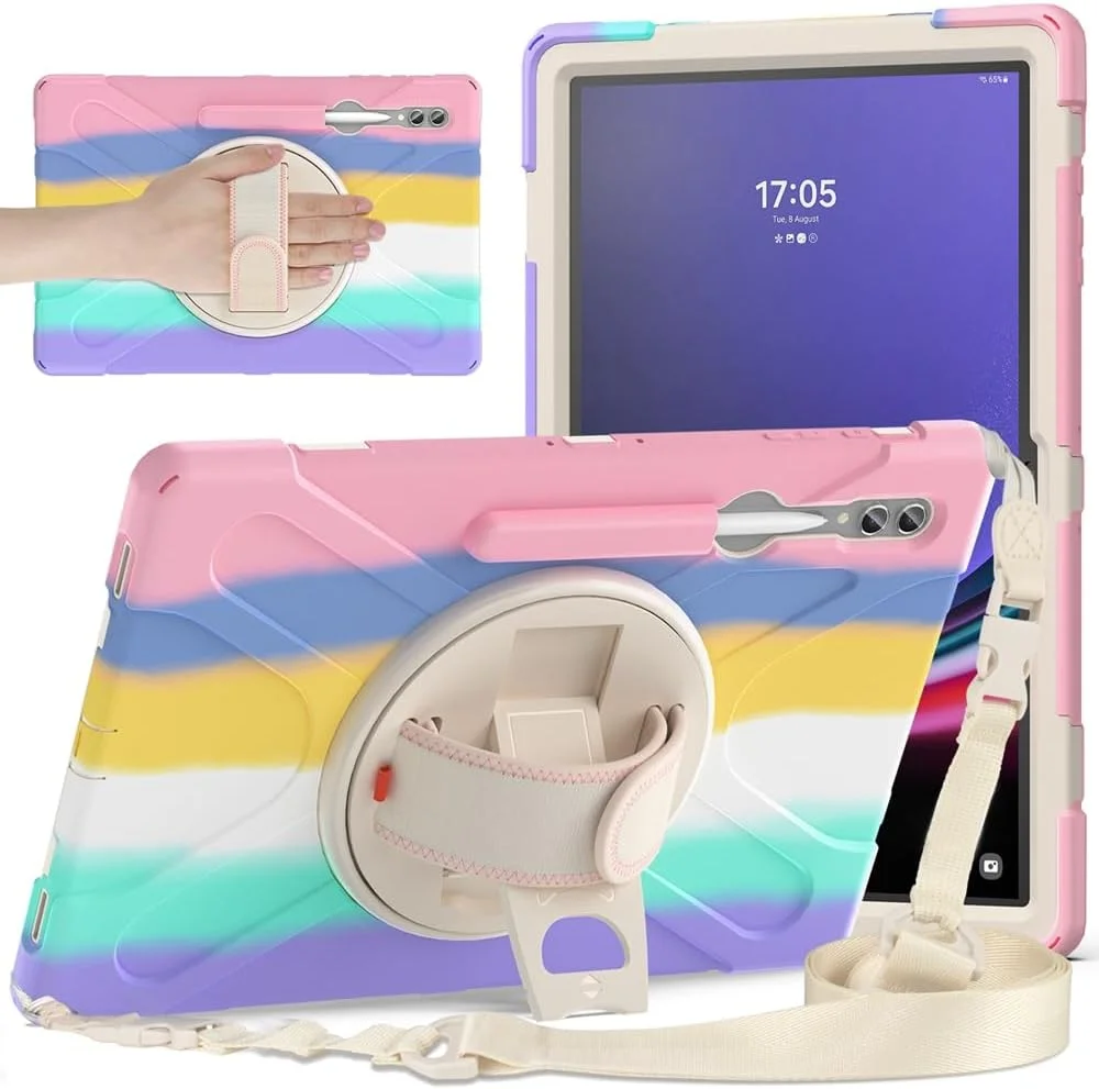 کاور مقاوم در برابر ضربه تبلت سامسونگ گلکسی تب S9 Ultra سایز 14.6 اینچ 2023 به همراه استند، جای قلم، بند دستی و بند شانه (صورتی رنگارنگ)