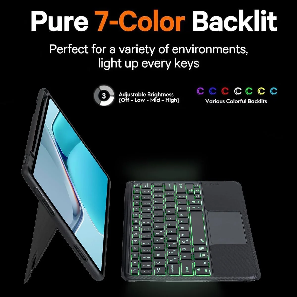 کیبورد مغناطیسی جداشدنی برای تبلت سامسونگ گلکسی تب S10 FE/S9 FE با صفحه نمایش 10.9 اینچ و تب S9 با صفحه نمایش 11 اینچ، کیبورد جادویی بلوتوثی جداشدنی با پایه، ترک پد چند لمسی، نور پس زمینه 7 رنگ، انگلیسی