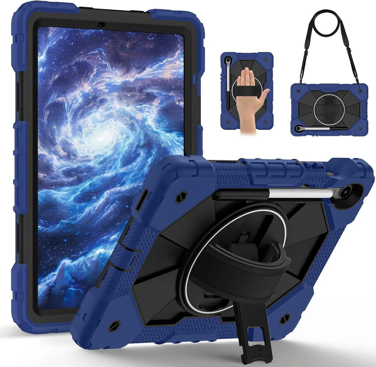 کیف تبلت مسافرتی برای سامسونگ گلکسی تب S10 FE SM-X520 2025، مقاوم در برابر ضربه، هیبریدی، پایه چرخان، بند جداشدنی، دارای جای مدادی داخلی، کیف سیلیکونی ضد خش (آبی سرمه ای)