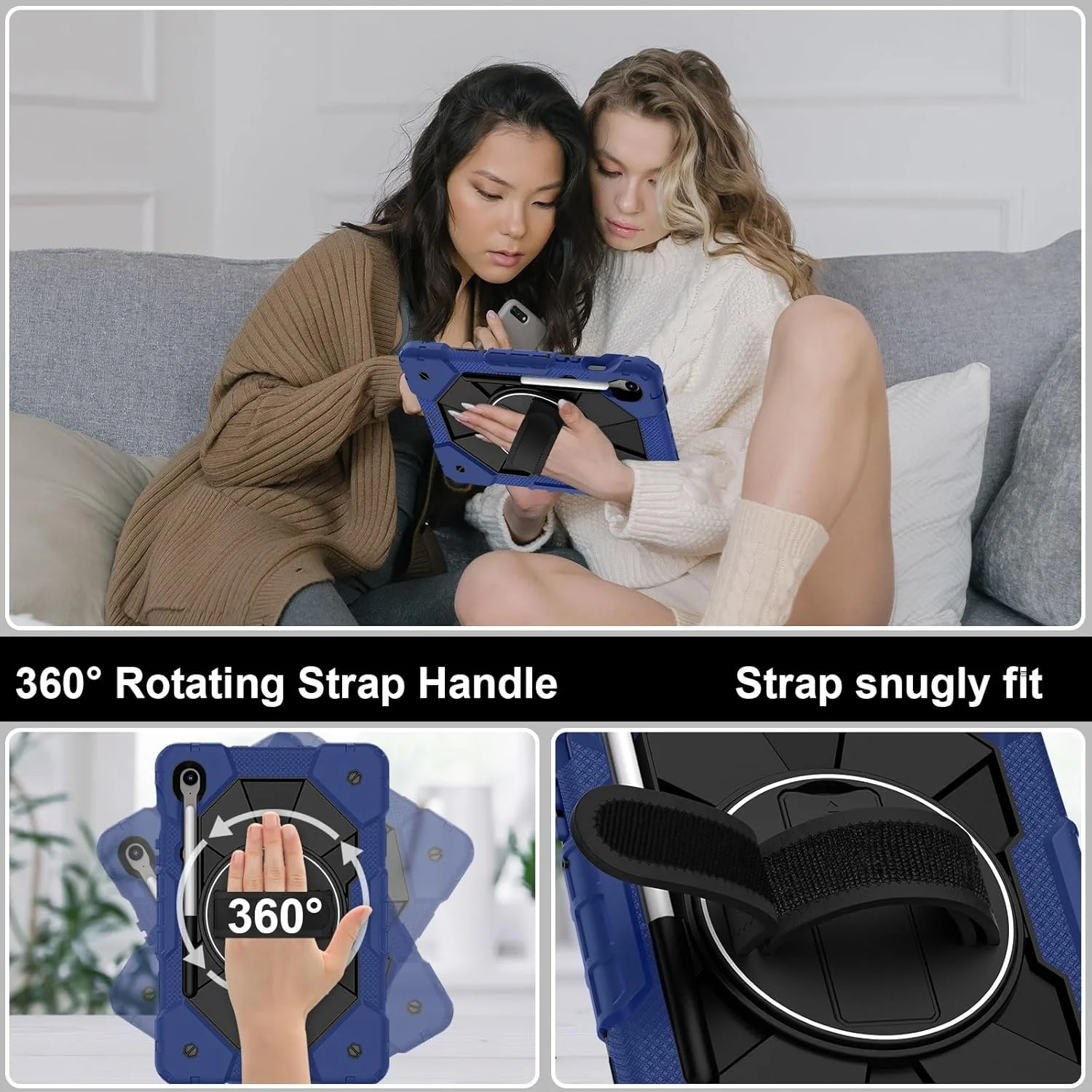 کیف تبلت مسافرتی برای سامسونگ گلکسی تب S10 FE SM-X520 2025، مقاوم در برابر ضربه، هیبریدی، پایه چرخان، بند جداشدنی، دارای جای مدادی داخلی، کیف سیلیکونی ضد خش (آبی سرمه ای)