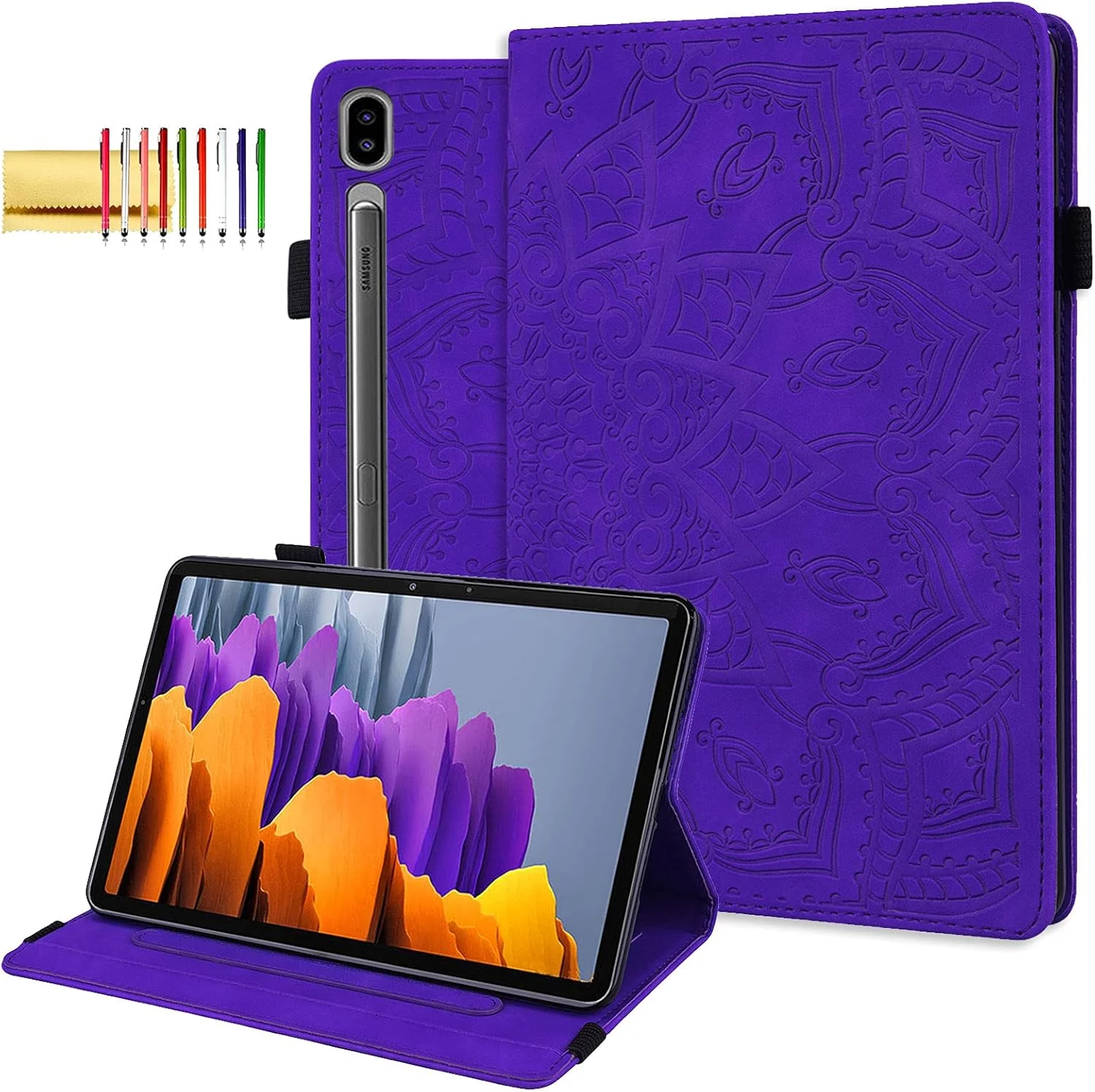 کیف تبلت Techcircle Folio مناسب برای تبلت سامسونگ گلکسی تب S9 FE+/S9+/S8+/S7+/S7 FE 12.4 اینچ، جلد پشتی نرم و سبک با طرح ماندالا، دارای کش الاستیک، جای کارت و قلم، بنفش