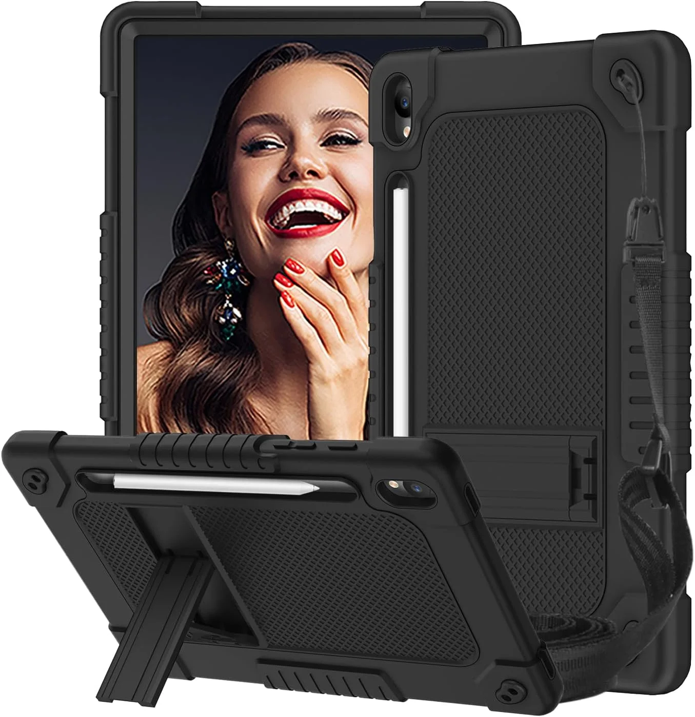 قاب محافظ کودکانه مقاوم در برابر ضربه Hoibon برای تبلت سامسونگ گلکسی تب S9 FE 5G 10.9 اینچ / گلکسی تب S9 11 اینچ 2023 به همراه جای قلم S و بند شانه برای تبلت سامسونگ تب S9 / S9 FE 5G 10.9 اینچ (مشکی)
