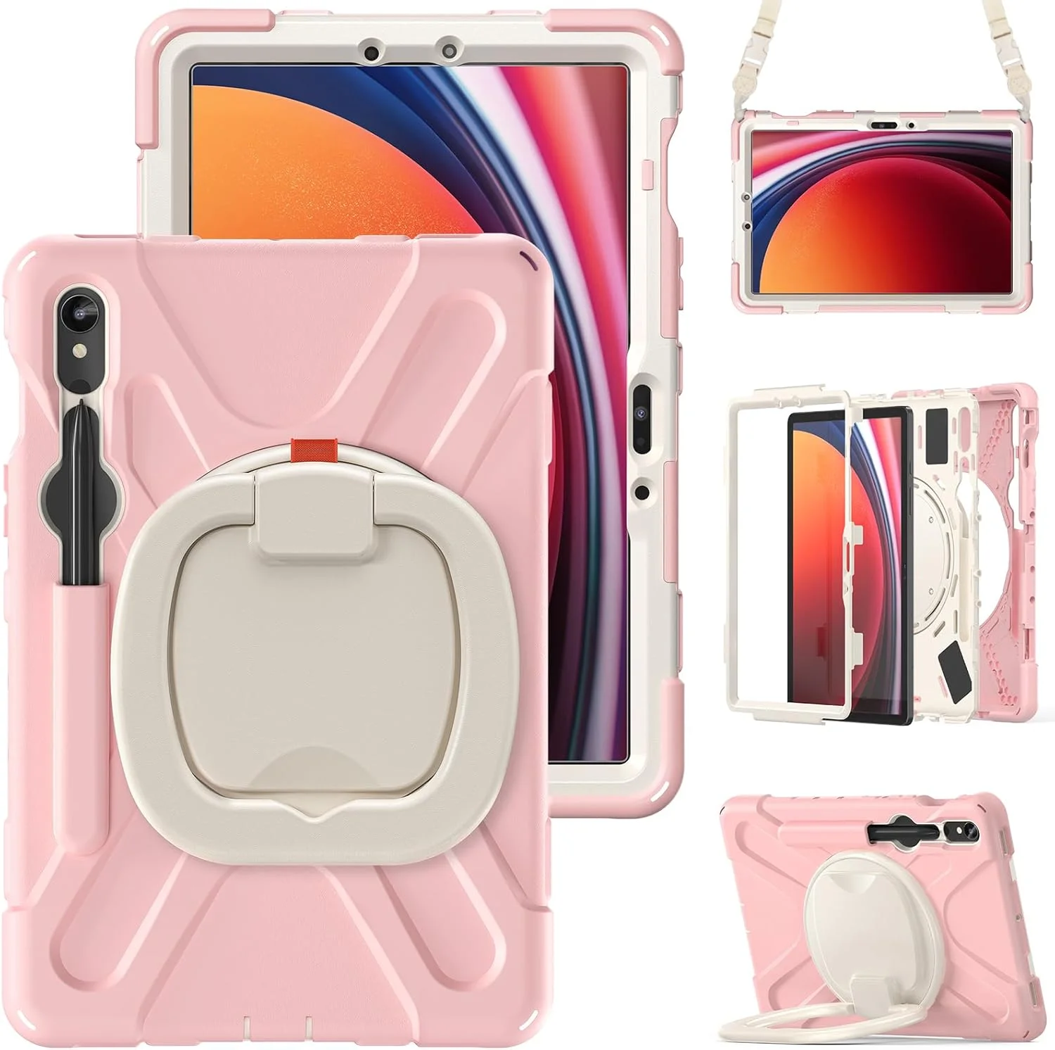 کاور تبلت Gruattreay مناسب برای تبلت سامسونگ Galaxy Tab S10 FE 10.9 اینچ 2025 مدل SM-X520/X526B/X528U، کاور مقاوم در برابر ضربه با استند حلقه ای چرخان 360 درجه/دستگیره/نگهدارنده قلم/بند شانه (صورتی)