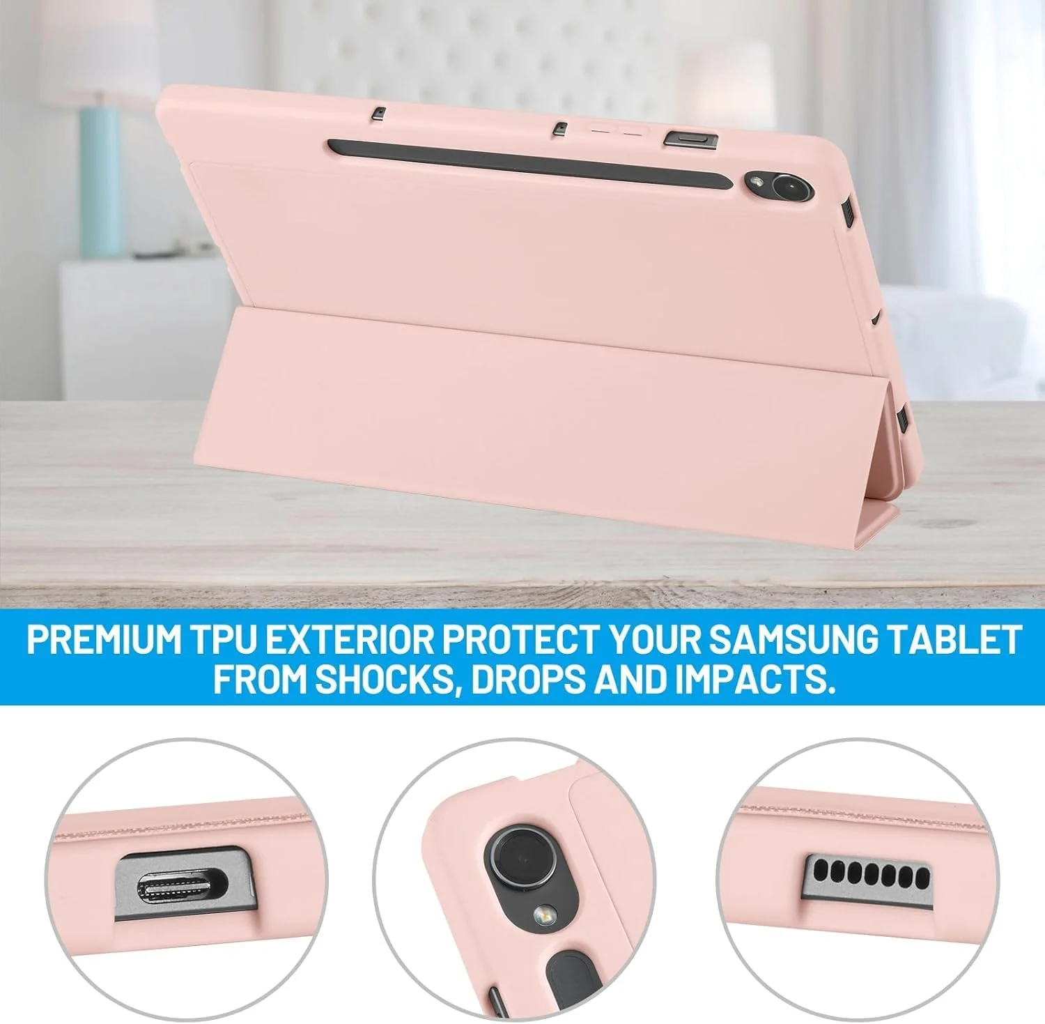 کاور محافظ هوشمند SmartGrist سازگار با تبلت سامسونگ گلکسی تب S9 11 اینچ 2023 به همراه جای قلم S Pen، کاور سه لایه با قابلیت استند و پشت TPU نرم، دارای عملکرد خواب/بیدار خودکار، رنگ صورتی