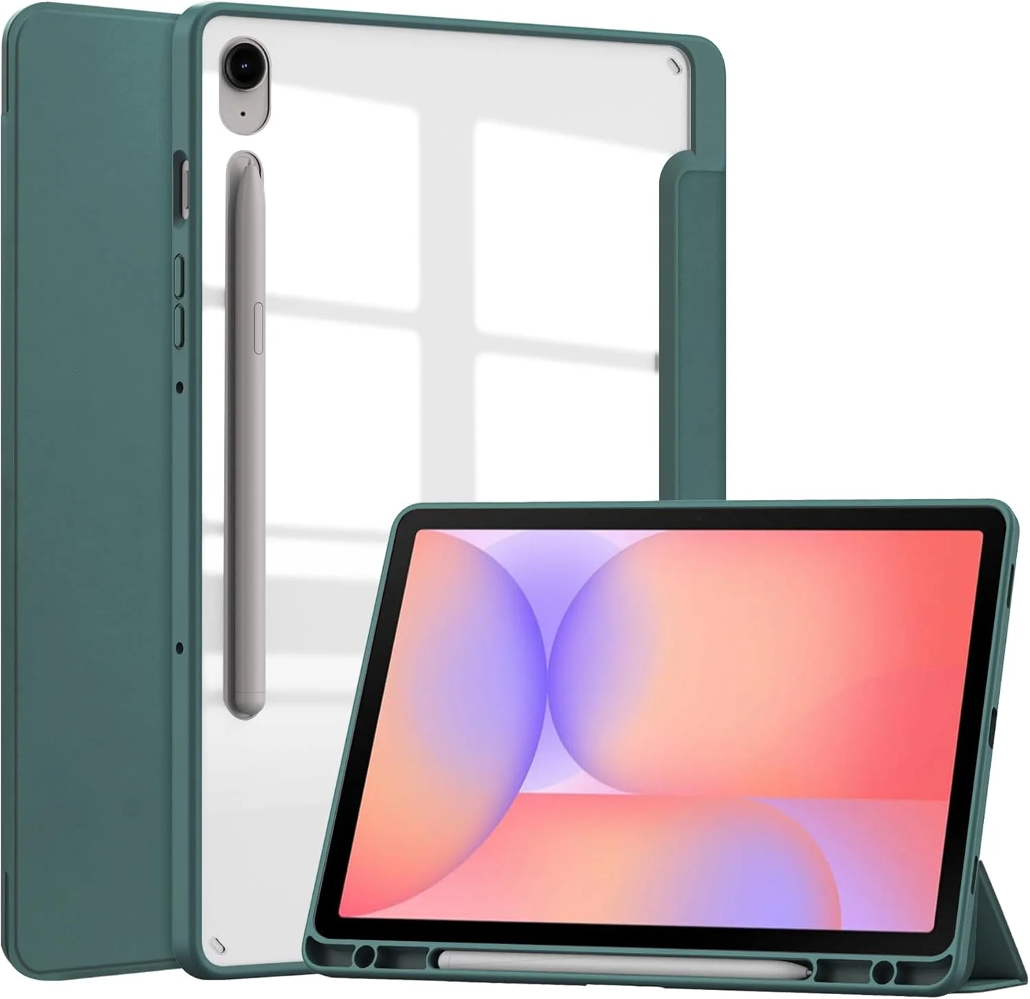 کاور تبلت Gruattreay برای Samsung Galaxy Tab S10 Lite 10.9 اینچ 2025، کاور چرمی سه تایی با قابلیت بیدار شدن/به خواب رفتن خودکار، قاب پشتی شفاف اکریلیک با جای قلم داخلی (سبز)