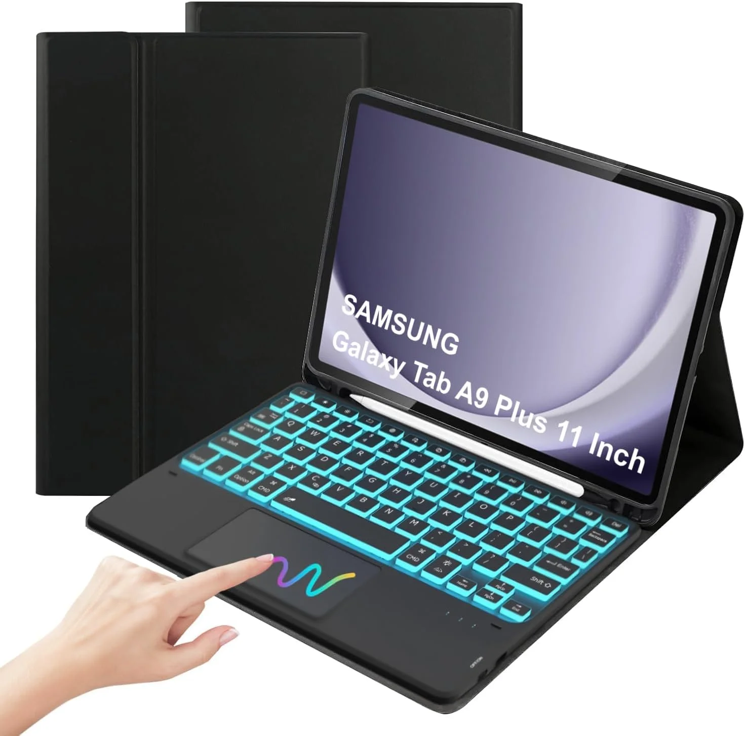 کاور کیبورد دار iXTRA با تاچ پد برای تبلت سامسونگ گلکسی تب A9 پلاس 11 اینچ 2023 مدل SM-X210/X216/X218، کاور کیبورد چرمی PU باریک با کیبورد مغناطیسی جداشدنی با نور پس زمینه 7 رنگ و جای قلم S، مشکی