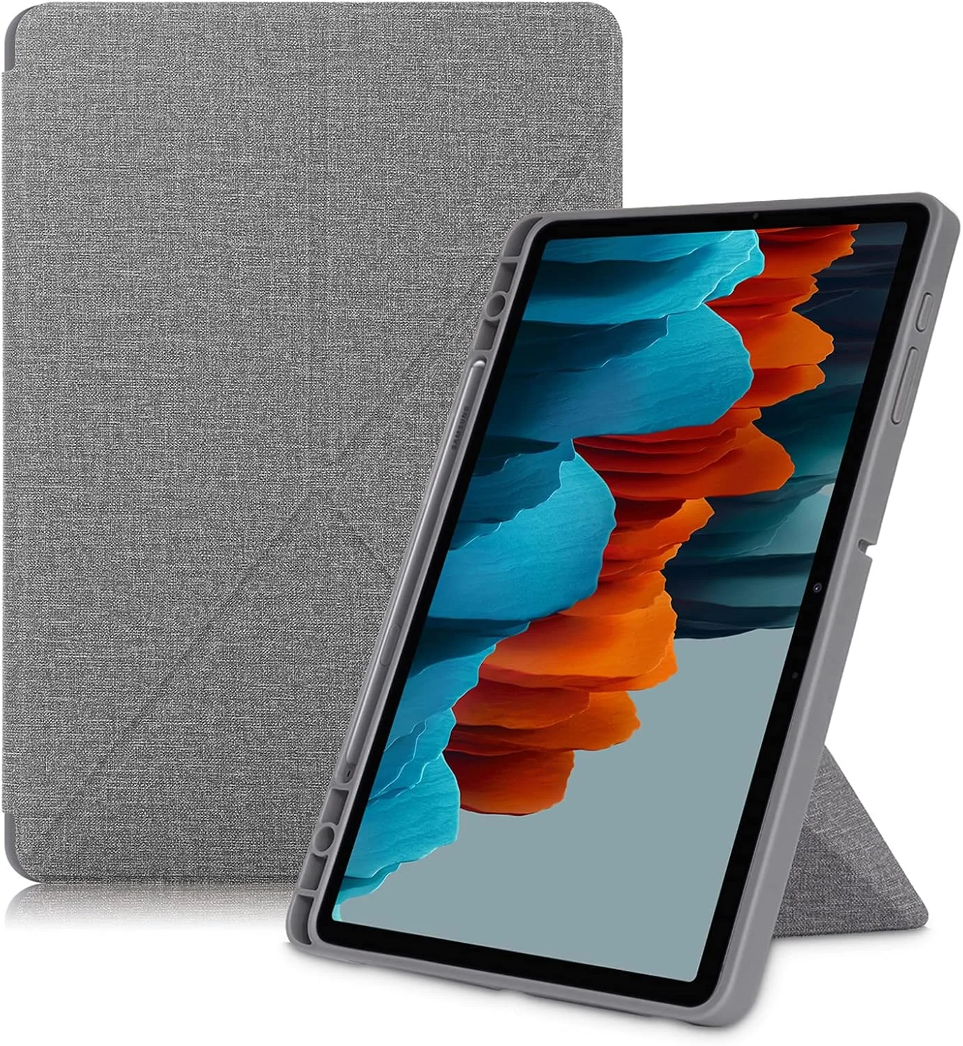 کاور تبلت سامسونگ گلکسی تب S7 FE سایز 12.4 اینچ مدل 2021، جنس چرم PU درجه یک، ضد لک و ضد ضربه، کاور باریک تاشو برای سامسونگ گلکسی تب S7 FE - خاکستری