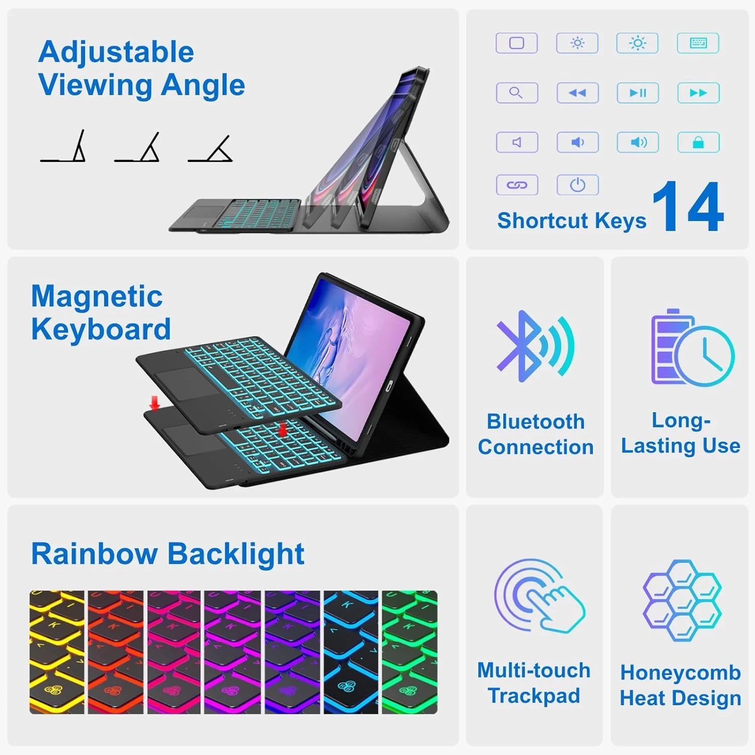 کاور کیبورد دار iXTRA با تاچ پد برای تبلت سامسونگ گلکسی تب A9 پلاس 11 اینچ 2023 مدل SM-X210/X216/X218، کاور کیبورد چرمی PU باریک با کیبورد مغناطیسی جداشدنی با نور پس زمینه 7 رنگ و جای قلم S، مشکی