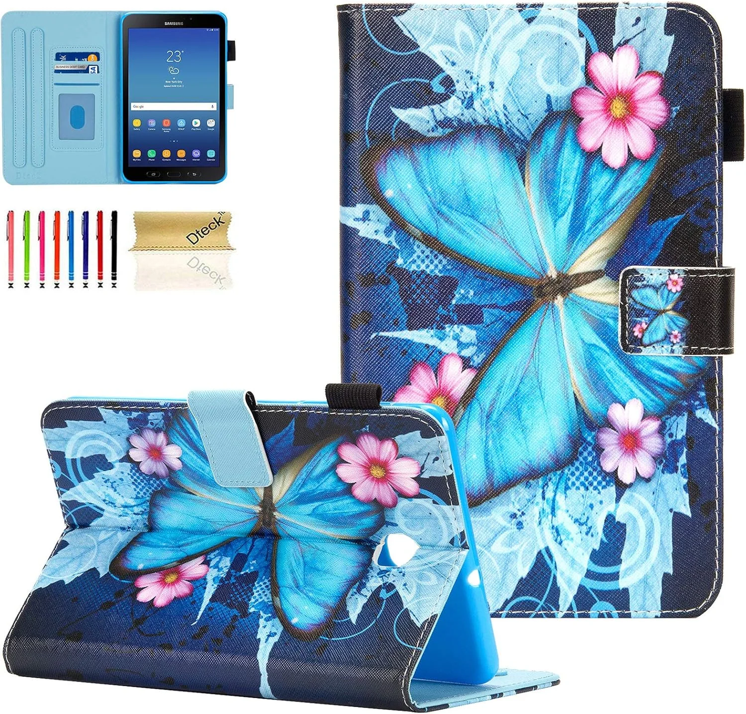 کیف چرمی محافظ تبلت Dteck Folio برای گلکسی تب A 8.0 (مدل 2018) - SM-T387، طرح پروانه آبی زیبا با پایه قابل تنظیم و جای کارت