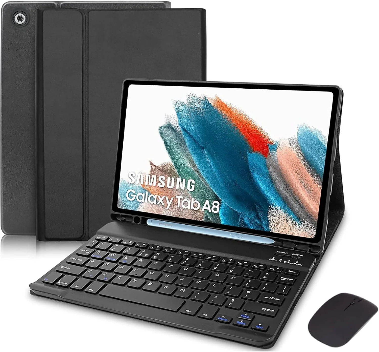 کیبورد برای تبلت سامسونگ گلکسی تب A8 سایز 10.5 اینچ 2022 و دارای جای قلم S Pen - کاور هوشمند باریک به همراه کیبورد بلوتوثی جداشدنی و ماوس برای تبلت سامسونگ A8 (مدل SM-X200/ X205 /X207/مشکی)