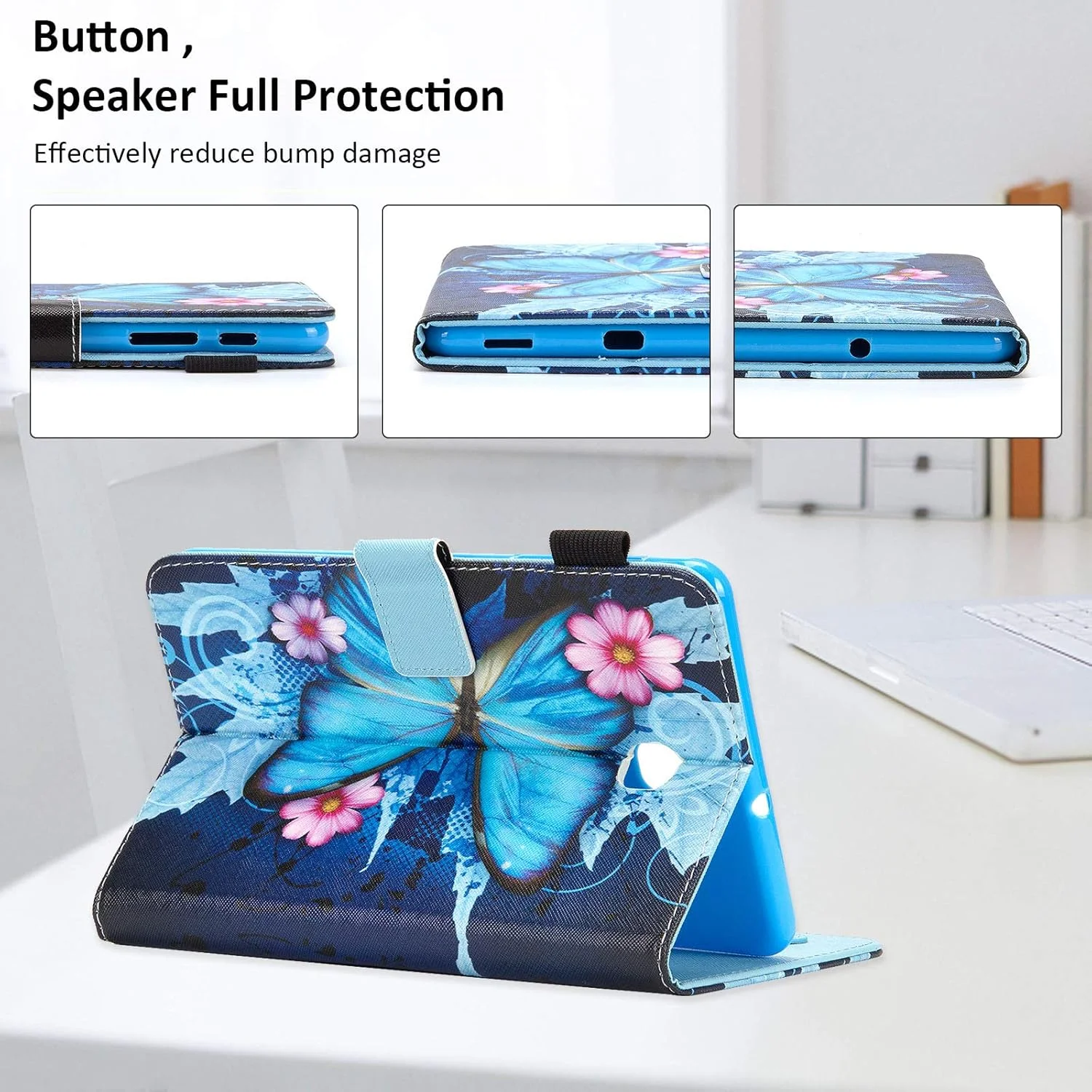 کیف چرمی محافظ تبلت Dteck Folio برای گلکسی تب A 8.0 (مدل 2018) - SM-T387، طرح پروانه آبی زیبا با پایه قابل تنظیم و جای کارت
