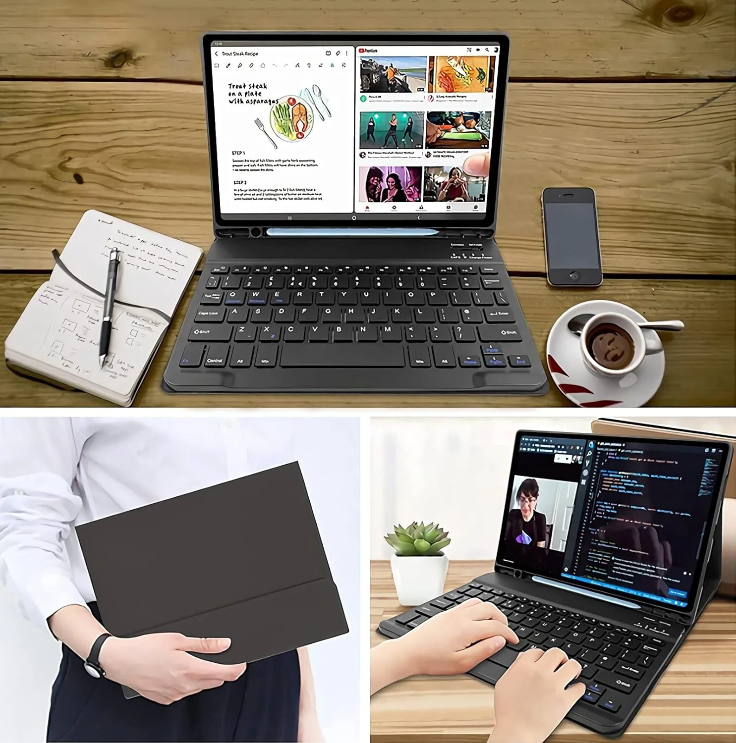 کیبورد برای تبلت سامسونگ گلکسی تب A8 سایز 10.5 اینچ 2022 و دارای جای قلم S Pen - کاور هوشمند باریک به همراه کیبورد بلوتوثی جداشدنی و ماوس برای تبلت سامسونگ A8 (مدل SM-X200/ X205 /X207/مشکی)