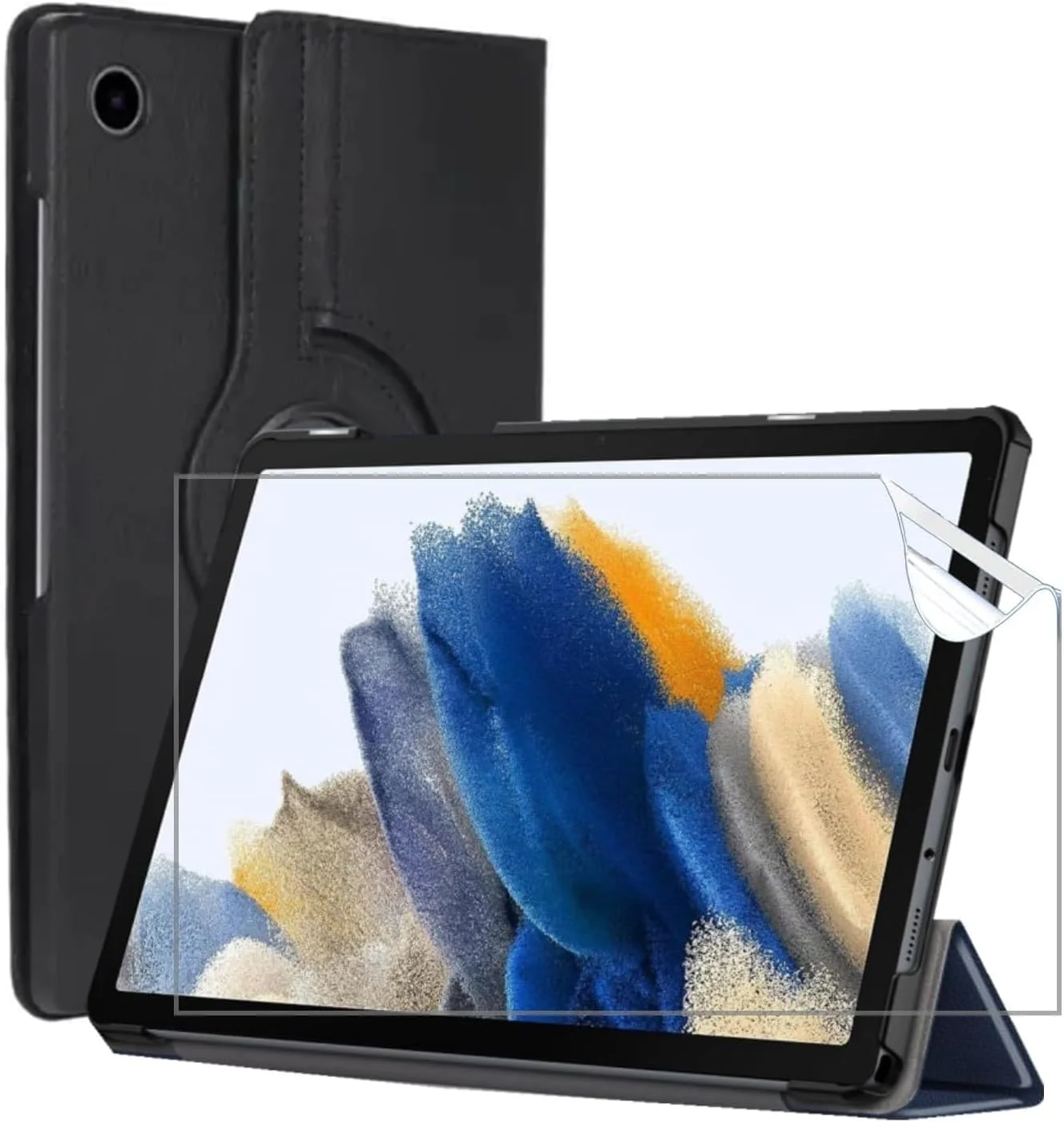 کاور SCAUA (1+1 عددی) سازگار با تبلت سامسونگ گلکسی تب A9 و محافظ صفحه نمایش (8.7 اینچ، عرضه 2023) فیلم محافظ PET، روکش چرمی، پایه چرخان منحصربفرد، ضد ضربه، حالت خواب/بیدار خودکار (مشکی)