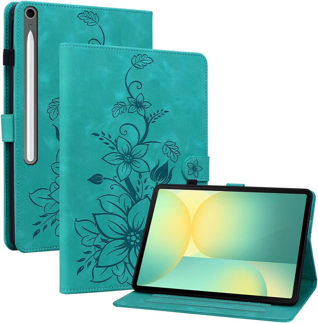 کاور تبلت Rosbtib مناسب برای تبلت سامسونگ گلکسی تب S10 FE+ 2025 با اندازه 13.1 اینچ، کاور محافظ تاشو باریک با جای کارت و بست مغناطیسی، گل های سوسن سبز