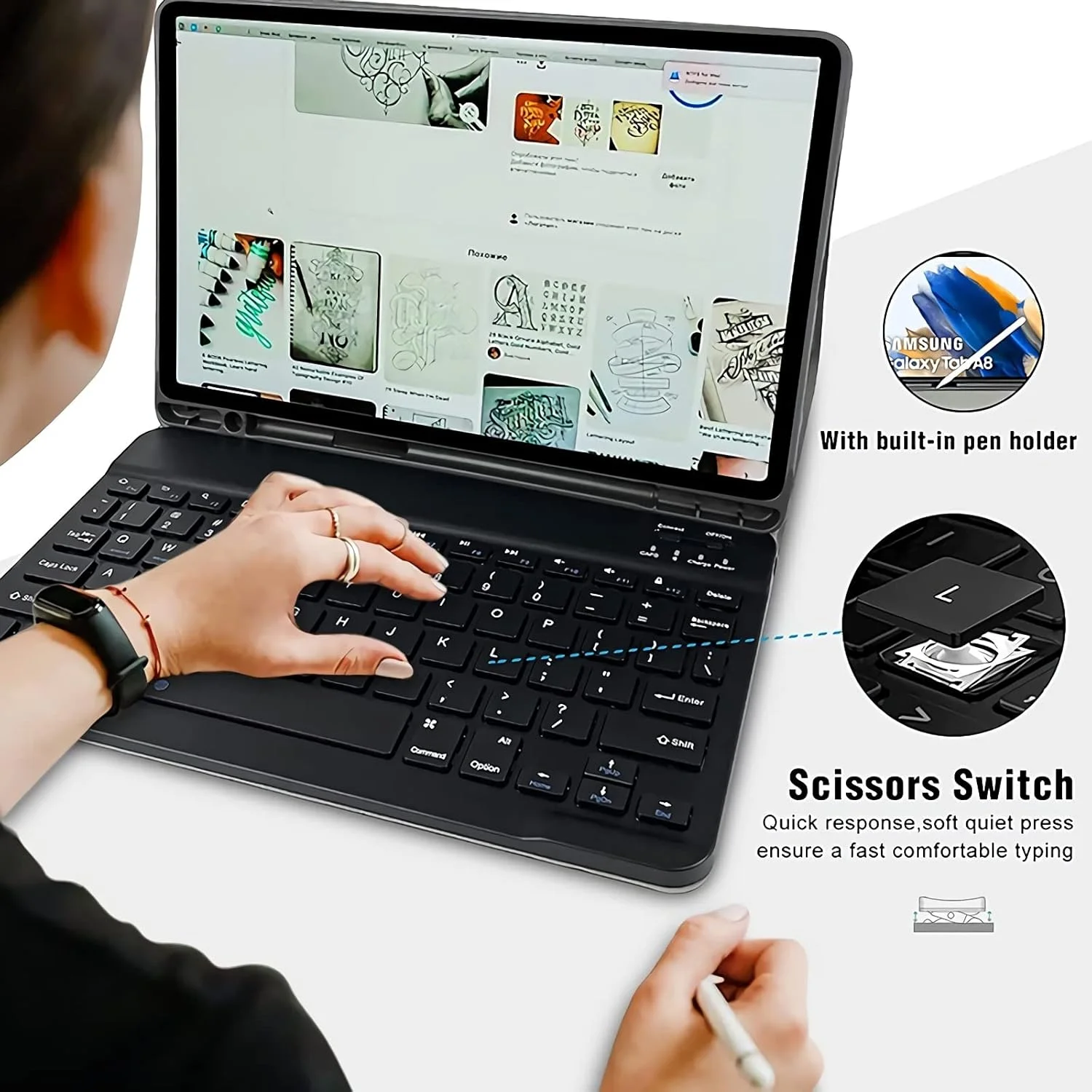 کیبورد برای تبلت سامسونگ گلکسی تب A8 سایز 10.5 اینچ 2022 و دارای جای قلم S Pen - کاور هوشمند باریک به همراه کیبورد بلوتوثی جداشدنی و ماوس برای تبلت سامسونگ A8 (مدل SM-X200/ X205 /X207/مشکی)