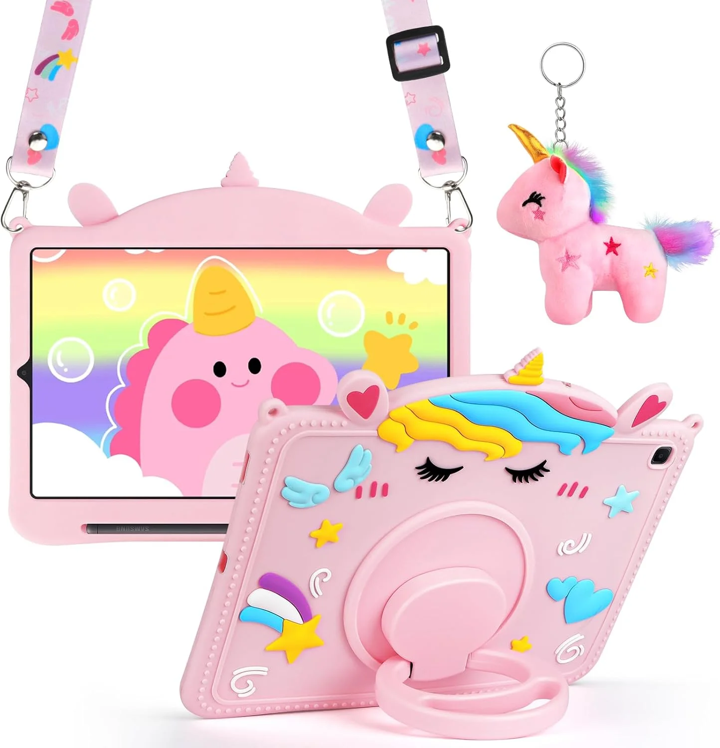 کیف محافظ تبلت یبولیو مناسب برای تبلت سامسونگ گلکسی تب S6 لایت 10.4 اینچ مدل SM-P610 P613 P615 P619 به همراه جا مدادی، دسته، بند گردنی و بند شانه سیلیکونی محافظ تبلت برای کودکان و دختران