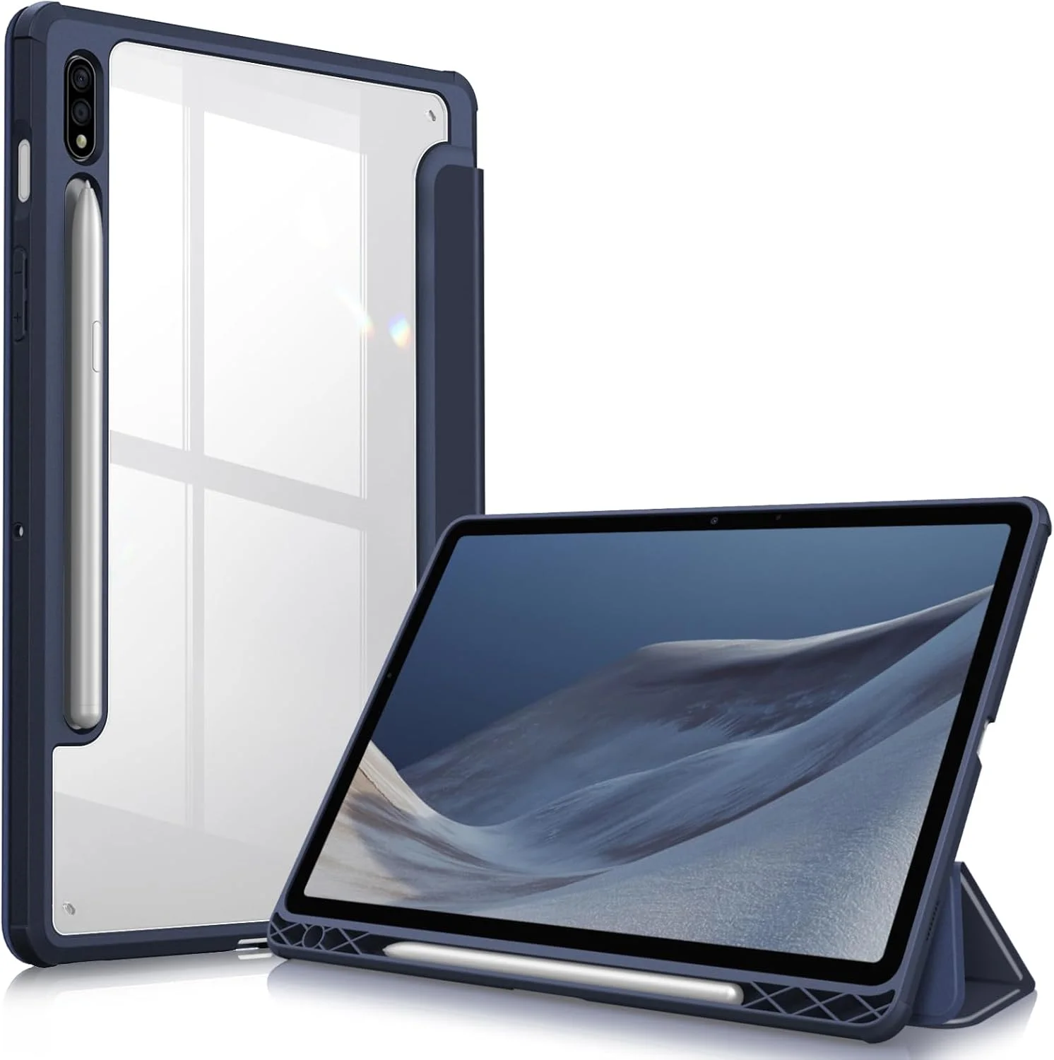 کاور باریک ترکیبی Fintie مناسب برای تبلت سامسونگ گلکسی تب S8/تب S7 سایز 11 اینچ (مدل SM-X700/X706/T870/T875/T878) با جای قلم S، کاور ضد ضربه با پشت شفاف، سرمه ای کاور باریک ترکیبی Fintie مناسب برای تبلت سامسونگ گلکسی تب S8/تب S7 سایز 11 اینچ (مدل SM-X700/X706/T870/T875/T878) با جای قلم S، کاور ضد ضربه با پشت شفاف، سرمه ای