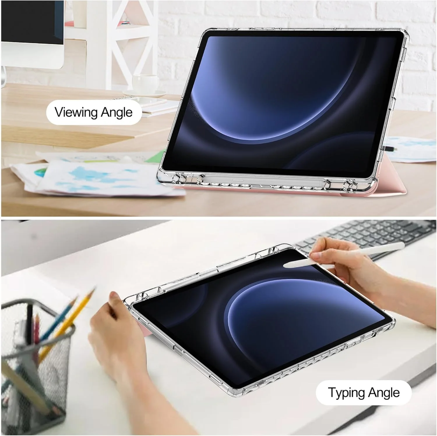 کیف تبلت Gruattreay برای Samsung Galaxy Tab S10 Lite 10.9 اینچ 2025، کیف چرمی PU سبک وزن با قابلیت بیدار/خواب خودکار، پوشش پشتی شفاف و جای مداد داخلی (صورتی)