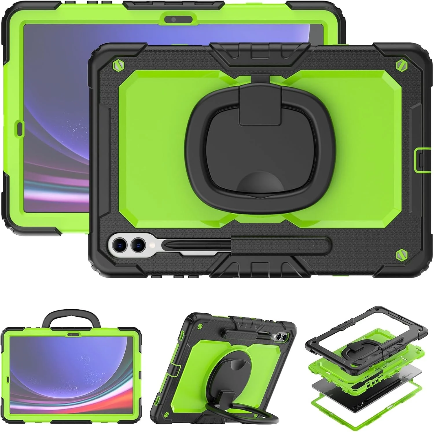 کیف تبلت مسافرتی مناسب برای تبلت سامسونگ گلکسی تب S10+ Plus 2024/ S9 FE+ Plus/ S9+ Plus 12.4 اینچ 2023 به همراه محافظ صفحه نمایش، کیف محافظ مقاوم با دسته چرخان و سیلیکونی (سبز PC)