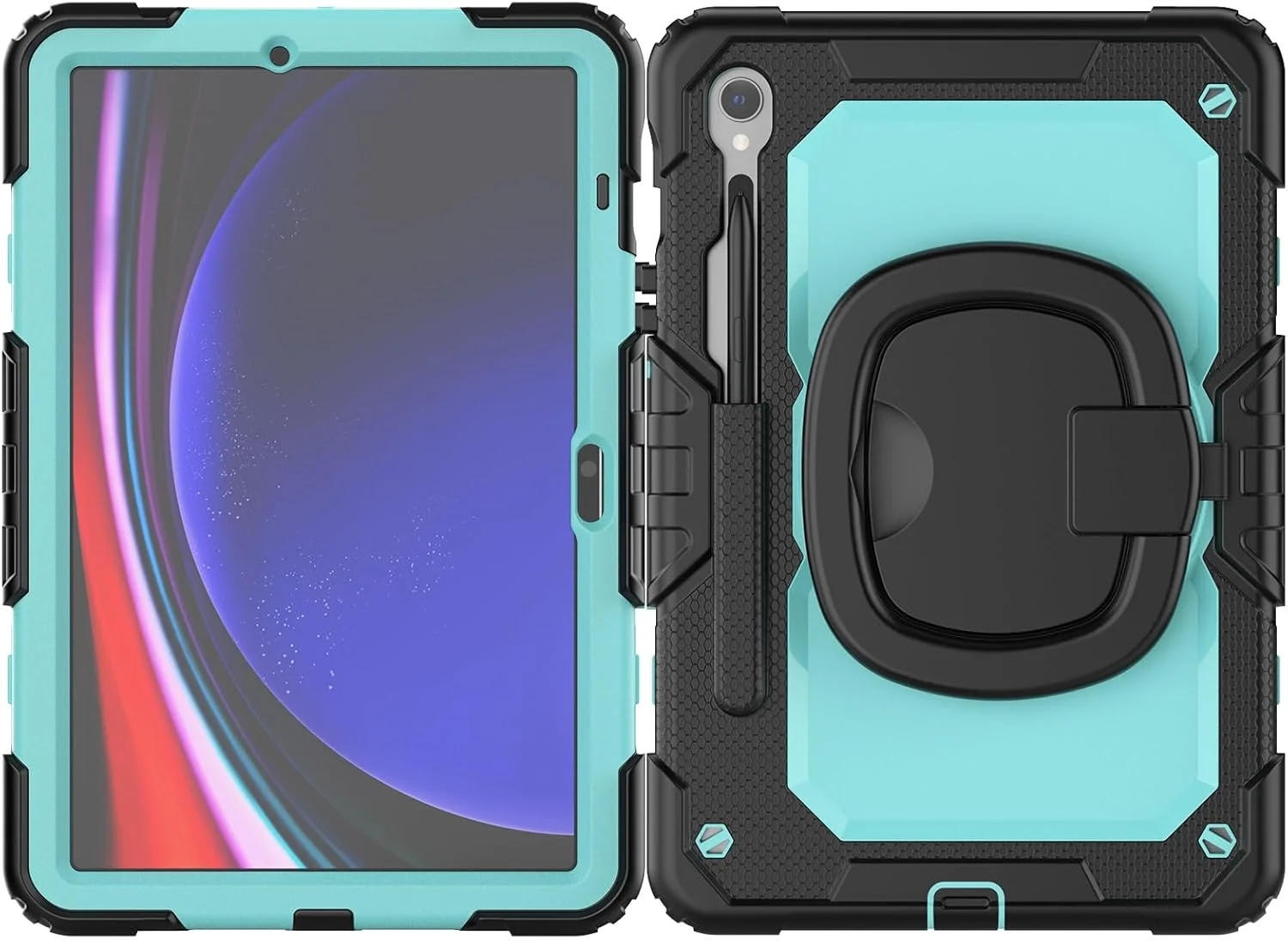 کیف تبلت مسافرتی برای تبلت سامسونگ گلکسی تب S10 FE 11 اینچ مدل SM-X520/ X526B/ X528U 2025 به همراه محافظ صفحه نمایش، کیف سیلیکونی مقاوم با دسته چرخان (PC آبی روشن)