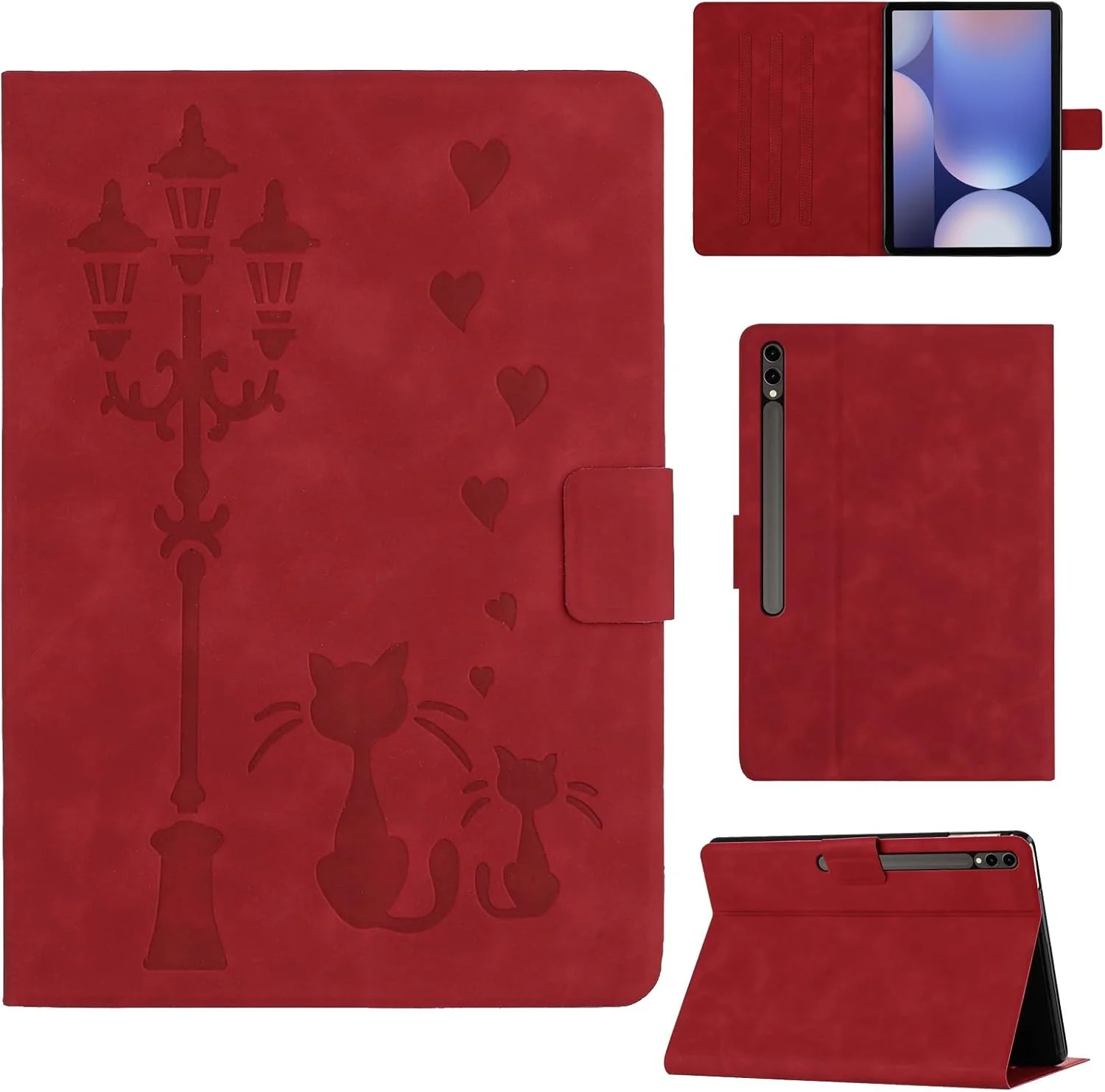 کاور تبلت سامسونگ گلکسی تب اس 10 پلاس 2024/ اس 9 پلاس/ اس 9 اف ای پلاس 12.4 اینچ، طرح چرمی محافظ با استند، طرح یک جفت گربه زیر چراغ خیابان، قرمز