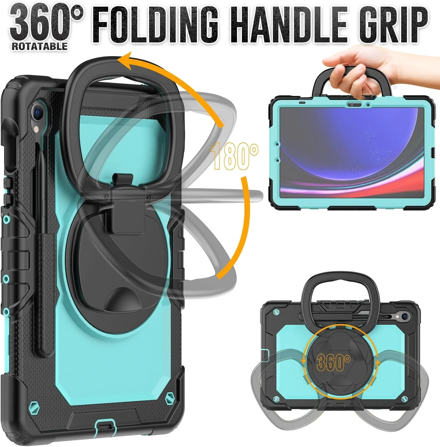کیف تبلت مسافرتی برای تبلت سامسونگ گلکسی تب S10 FE 11 اینچ مدل SM-X520/ X526B/ X528U 2025 به همراه محافظ صفحه نمایش، کیف سیلیکونی مقاوم با دسته چرخان (PC آبی روشن)