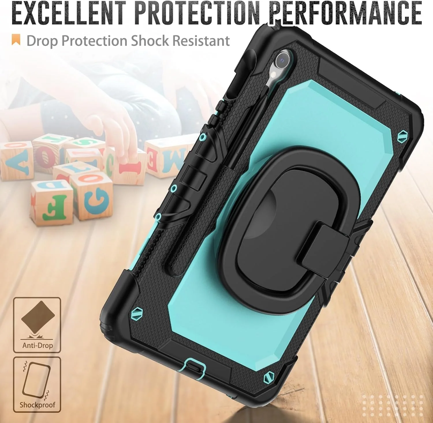 کیف تبلت مسافرتی برای تبلت سامسونگ گلکسی تب S10 FE 11 اینچ مدل SM-X520/ X526B/ X528U 2025 به همراه محافظ صفحه نمایش، کیف سیلیکونی مقاوم با دسته چرخان (PC آبی روشن)