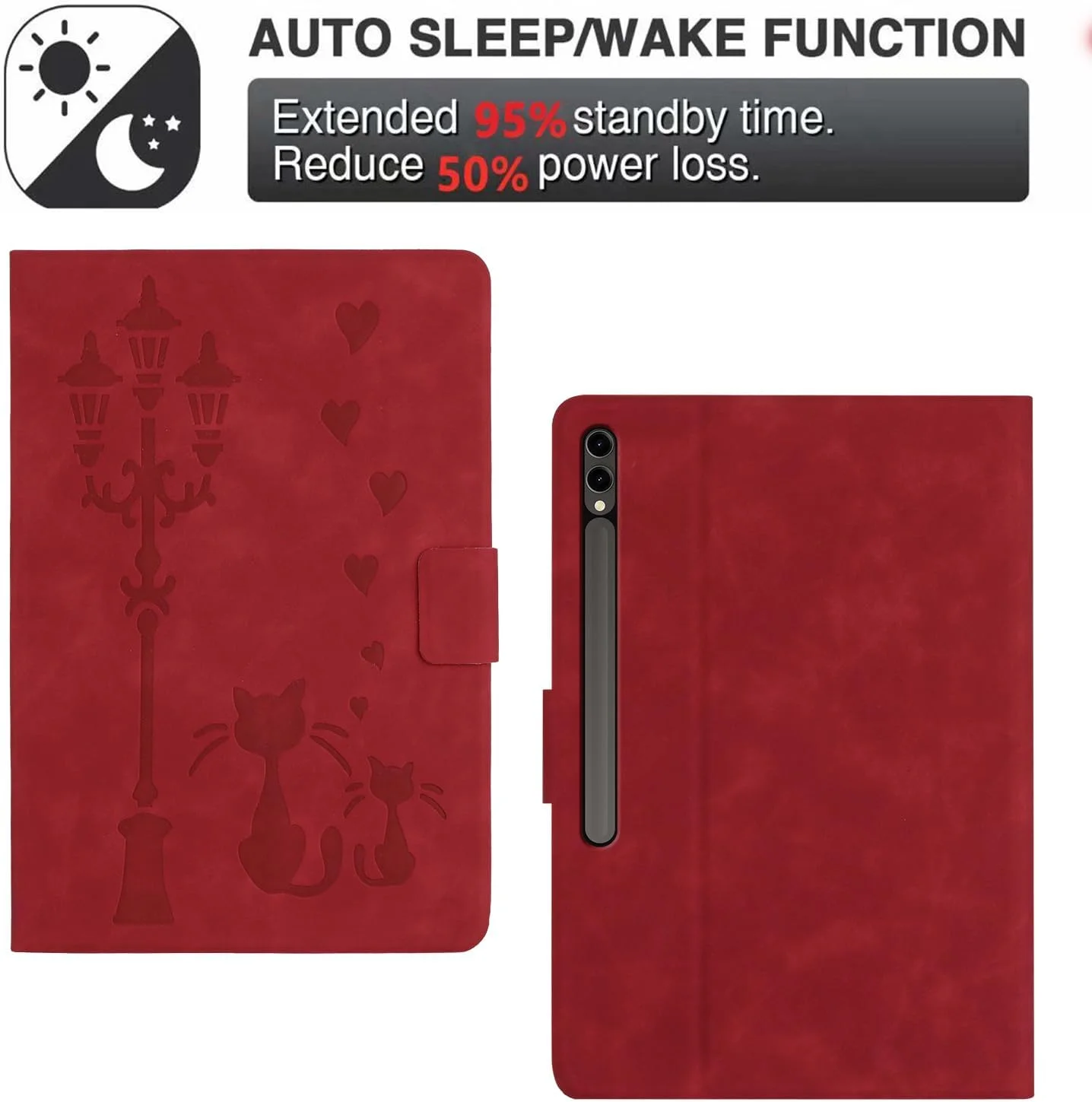 کاور تبلت سامسونگ گلکسی تب اس 10 پلاس 2024/ اس 9 پلاس/ اس 9 اف ای پلاس 12.4 اینچ، طرح چرمی محافظ با استند، طرح یک جفت گربه زیر چراغ خیابان، قرمز