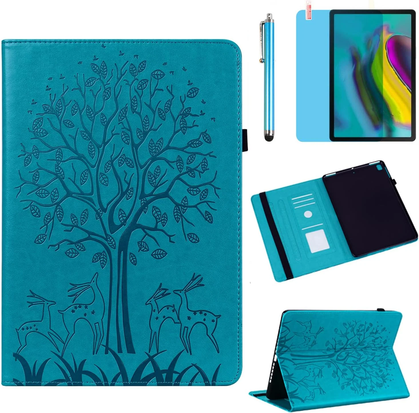 کاور آر.شنگته برای تبلت سامسونگ گلکسی تب S5e 10.5 اینچ 2019 (SM-T720 SM-T725 SM-T727)، جلد پشتی سیلیکونی نرم چرمی PU، دارای جای کارت و استند، به همراه قلم استایلوس و محافظ صفحه نمایش (آبی طرح درخت)