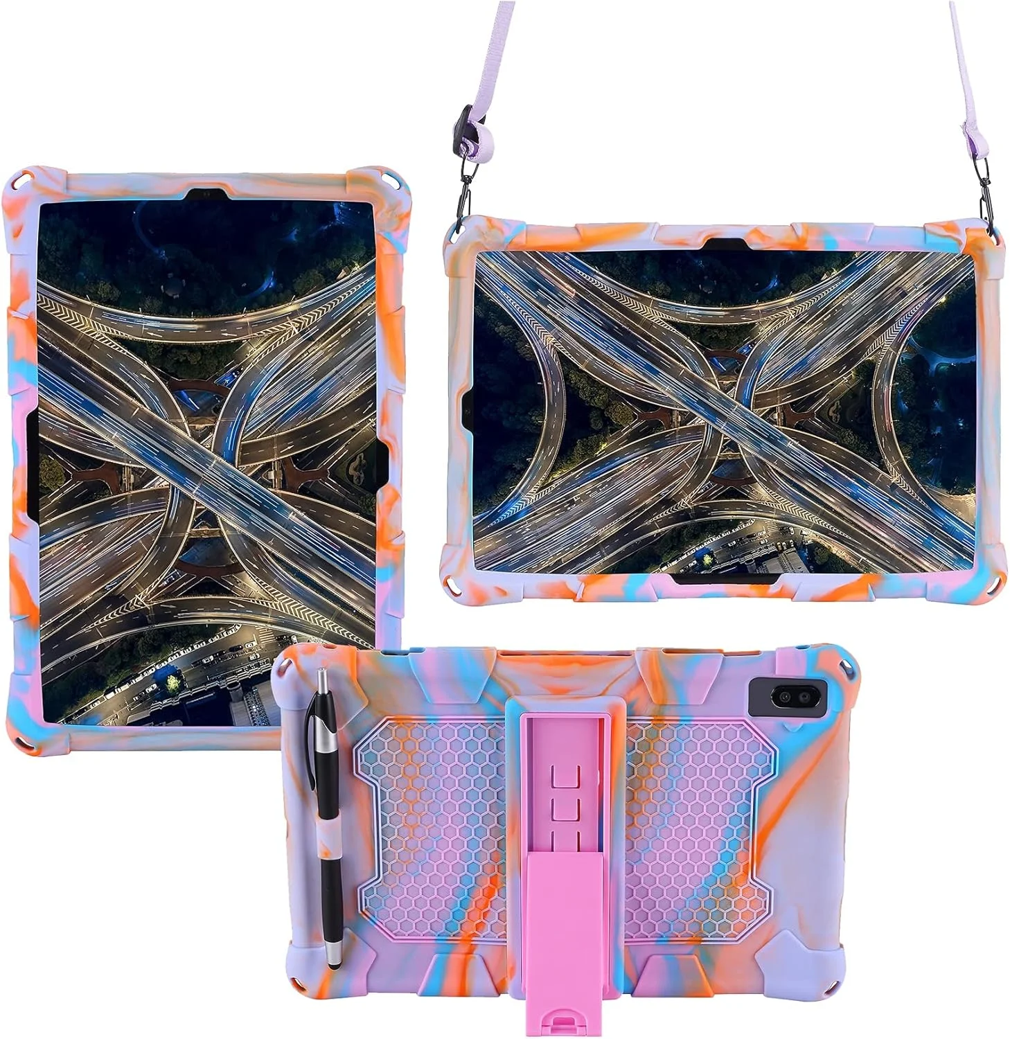 کیف تبلت مسافرتی مناسب برای تبلت سامسونگ گلکسی TAB S6 10.5 اینچ T860 (2019)، قاب محافظ سیلیکونی نرم و سبک مقاوم در برابر ضربه با پایه و بند شانه برای محافظت از تبلت (صورتی گلبهی)