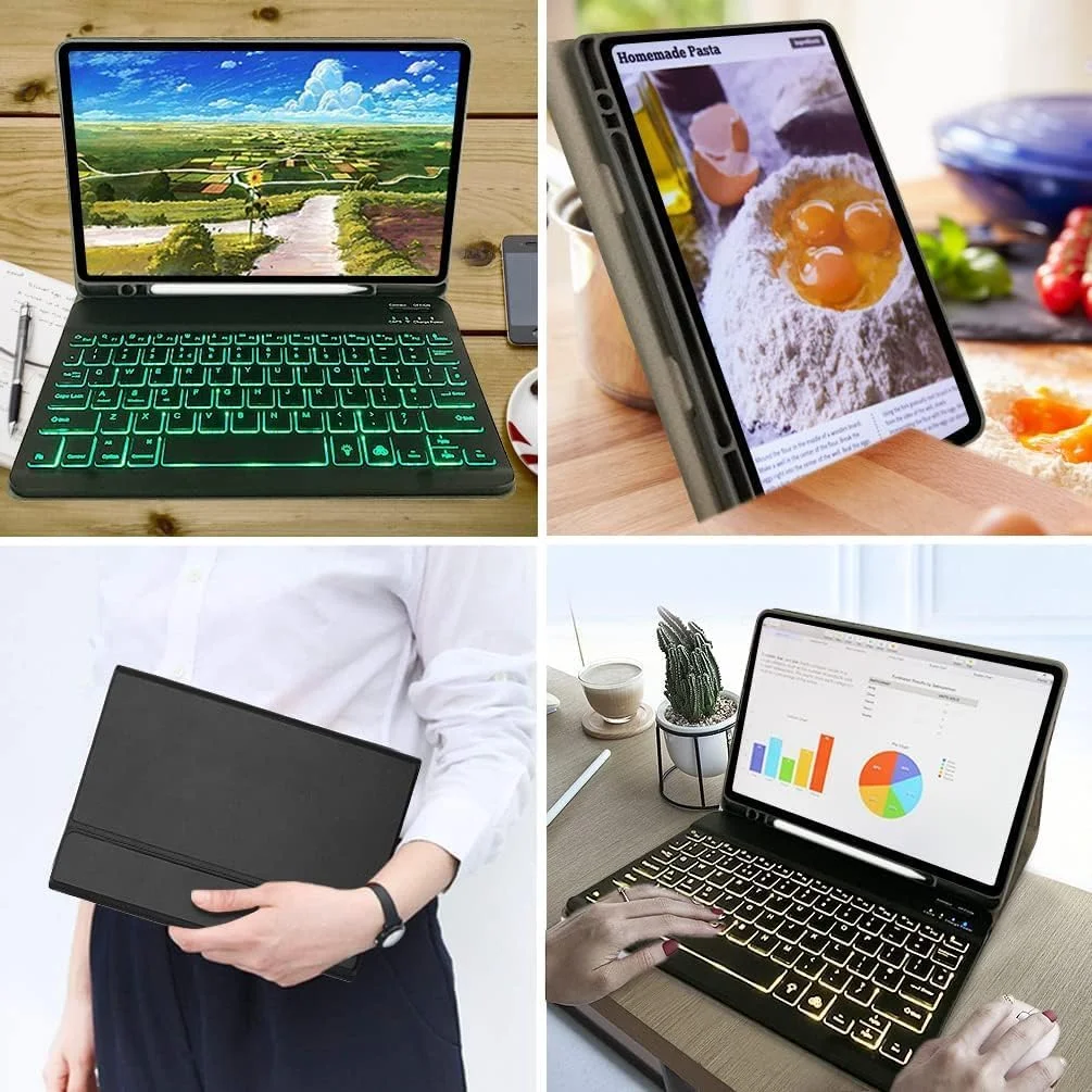 کیبورد بلوتوثی بک لایت دار و کاور تبلت گلکسی تب S6 لایت با جای قلم S، کاور هوشمند مناسب تبلت 10.4 اینچی مدل 2020-2024، مشکی