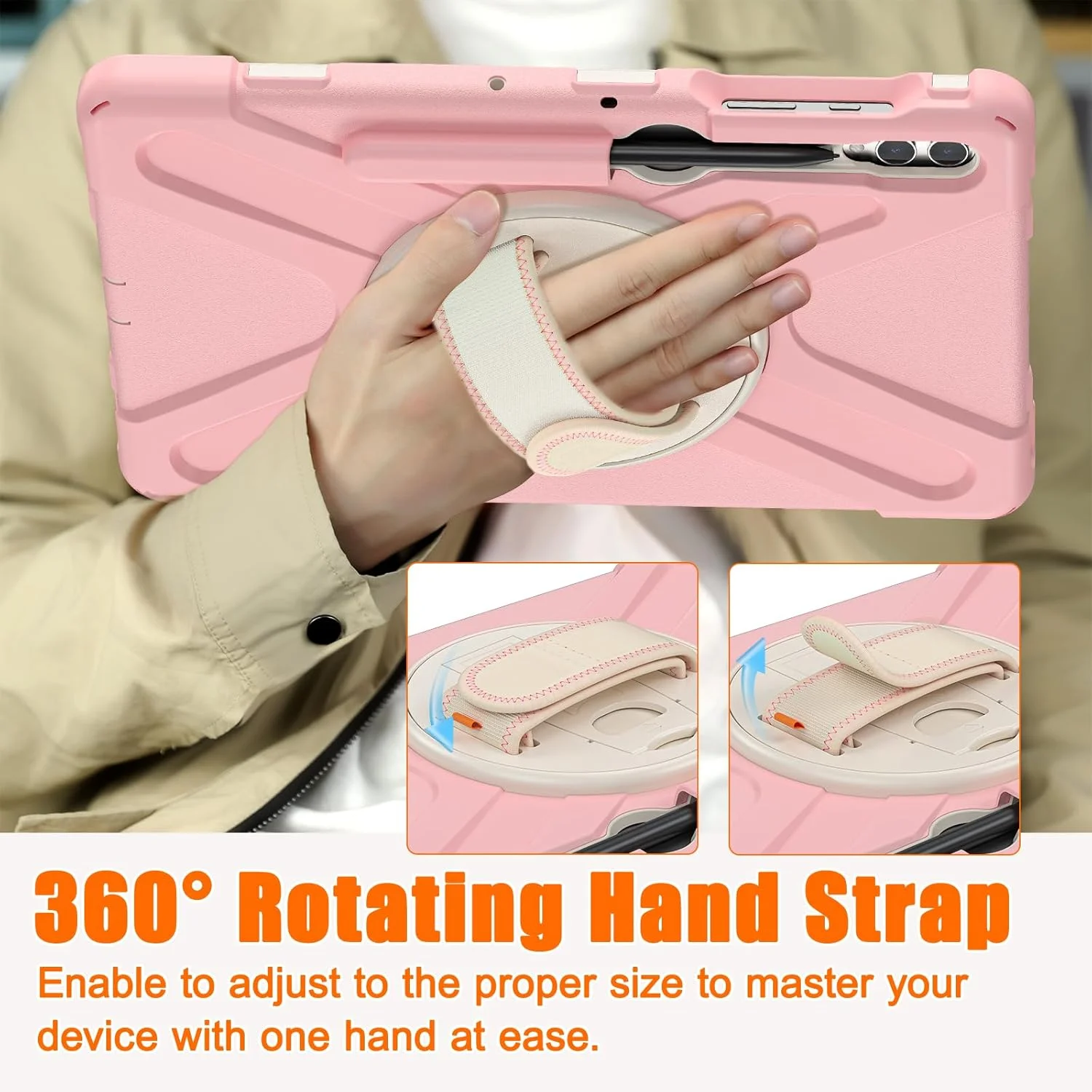 کیف محافظ مقاوم HUOLUNGJIN سازگار با تبلت سامسونگ گلکسی تب S10+ پلاس/ S9 FE+ پلاس 12.4 اینچی (SM-X826/X610)، کیف سیلیکونی با جای قلم S-Pen - استند - دستگیره - بند شانه (صورتی)