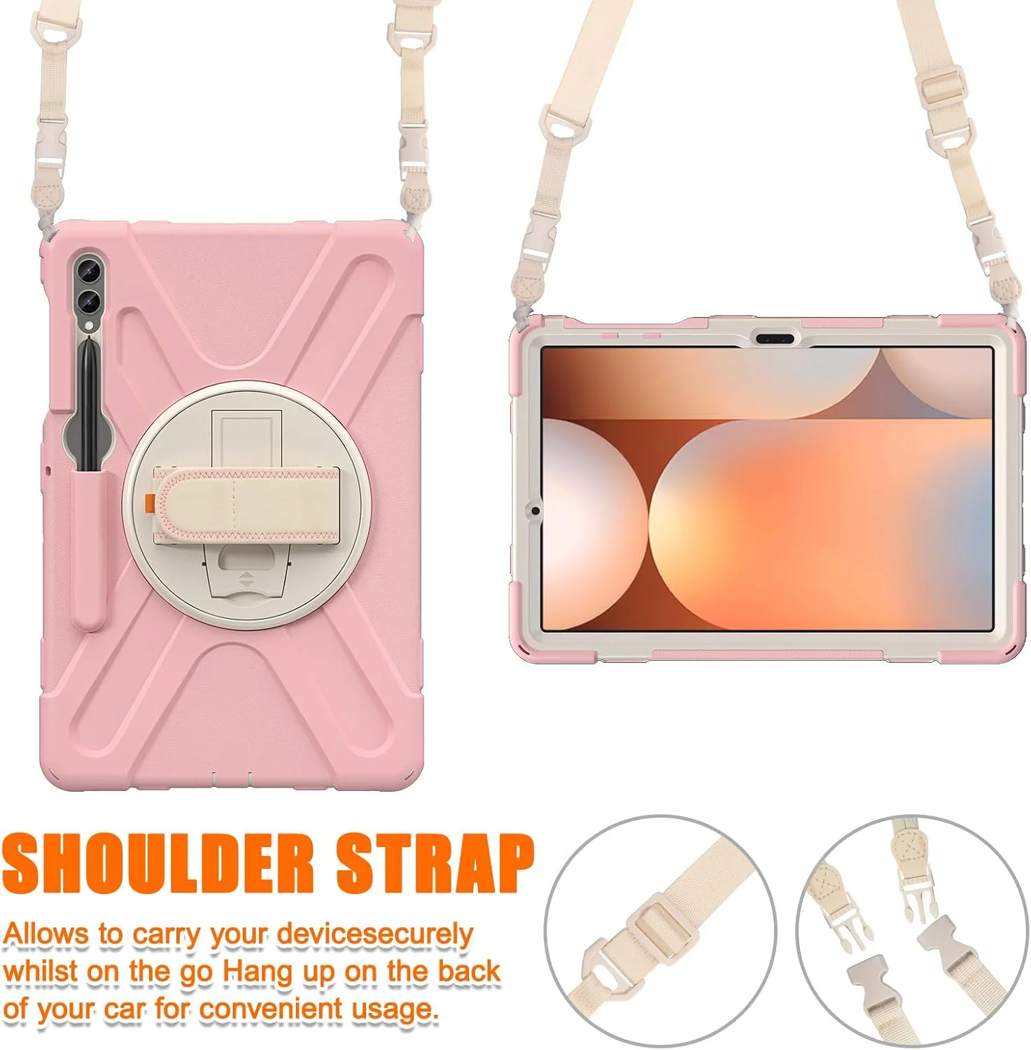 کیف محافظ مقاوم HUOLUNGJIN سازگار با تبلت سامسونگ گلکسی تب S10+ پلاس/ S9 FE+ پلاس 12.4 اینچی (SM-X826/X610)، کیف سیلیکونی با جای قلم S-Pen - استند - دستگیره - بند شانه (صورتی)