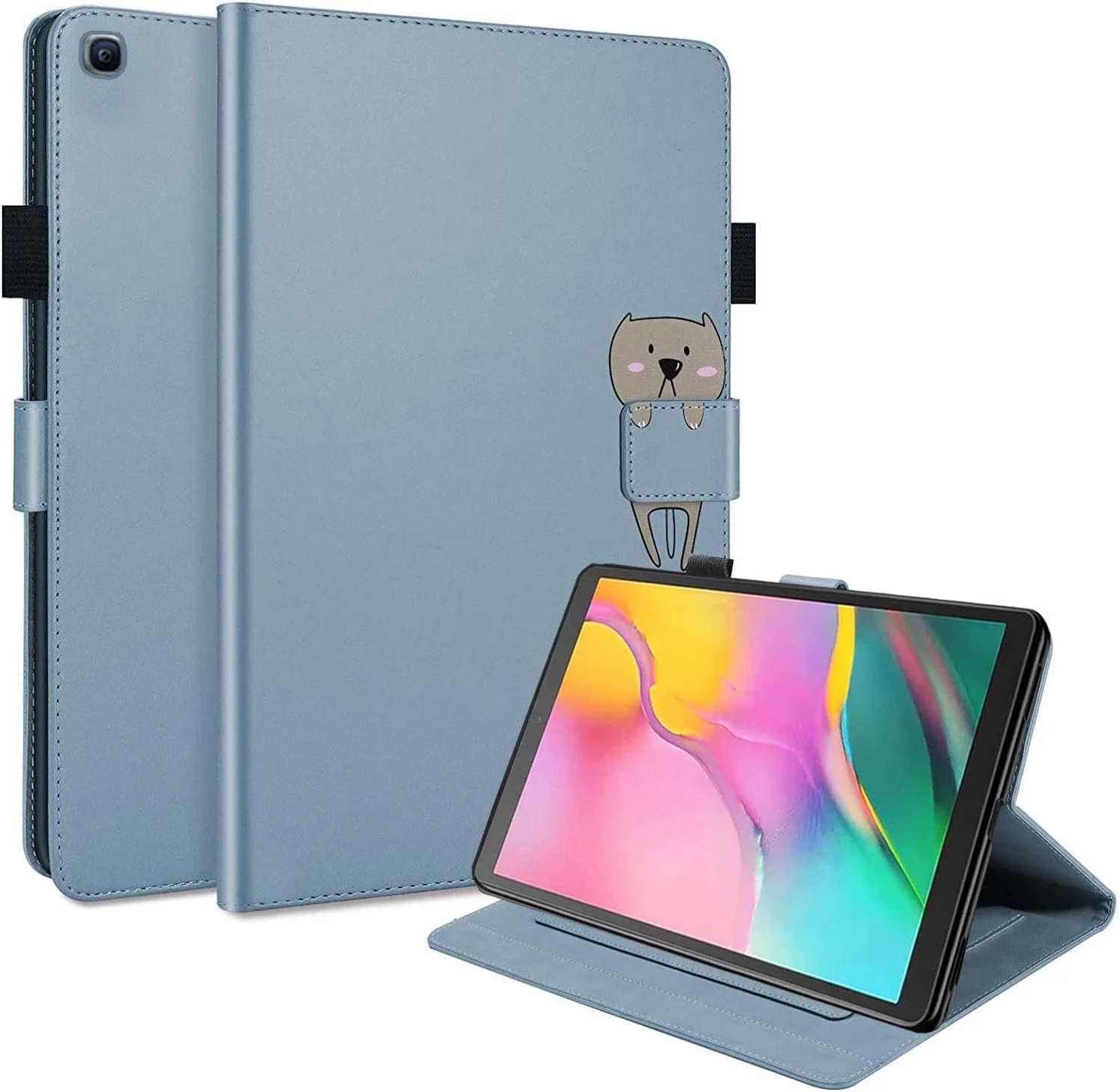 کیف تبلت برای سامسونگ گلکسی تب A 10.1 مدل T510/T515 (سال 2019)، کیف چرمی PU طرح کارتونی زیبا، با پوشش هوشمند مغناطیسی، پشتیبانی از استند، جای قلم، جای کارت، آبی.