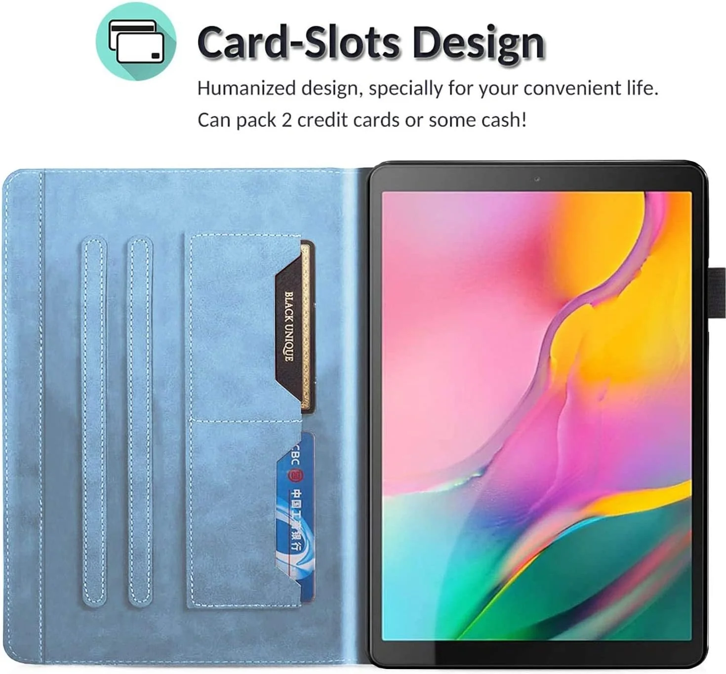 کیف تبلت برای سامسونگ گلکسی تب A 10.1 مدل T510/T515 (سال 2019)، کیف چرمی PU طرح کارتونی زیبا، با پوشش هوشمند مغناطیسی، پشتیبانی از استند، جای قلم، جای کارت، آبی.