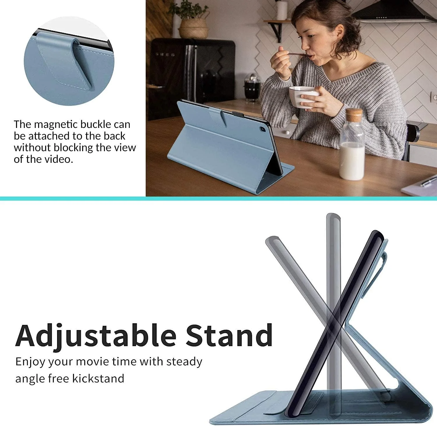 کیف تبلت برای سامسونگ گلکسی تب A 10.1 مدل T510/T515 (سال 2019)، کیف چرمی PU طرح کارتونی زیبا، با پوشش هوشمند مغناطیسی، پشتیبانی از استند، جای قلم، جای کارت، آبی.