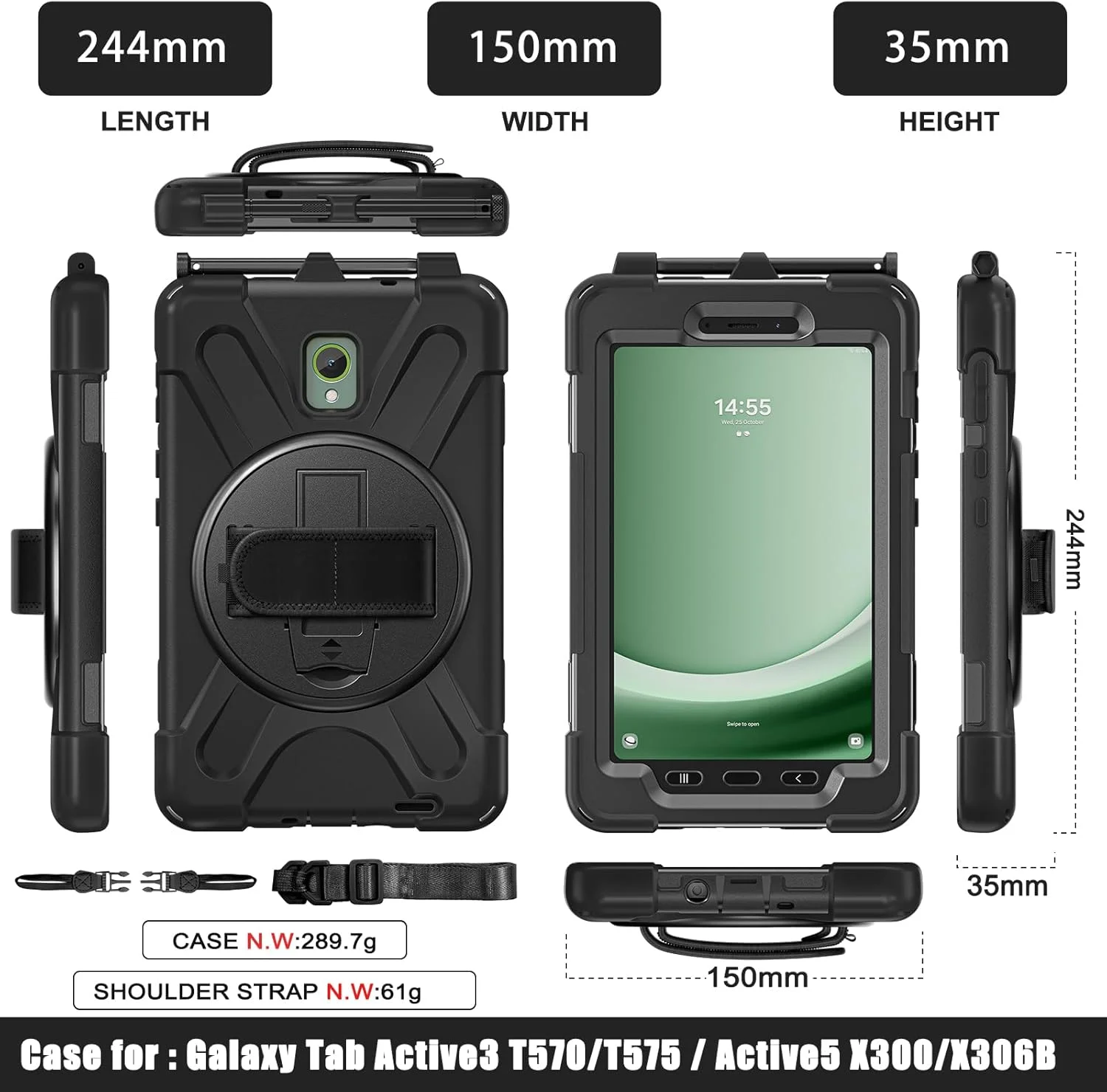 کاور رانتیک مناسب برای تبلت سامسونگ گلکسی تب اکتیو 5/اکتیو 3 8.0 اینچی، با استند 360 درجه، بند دستی و بند شانه ای برای گلکسی تب اکتیو 5 8 اینچی 2024 X300/X306B، اکتیو 3 8 اینچی 2020 T570/T575/T577 (مشکی)